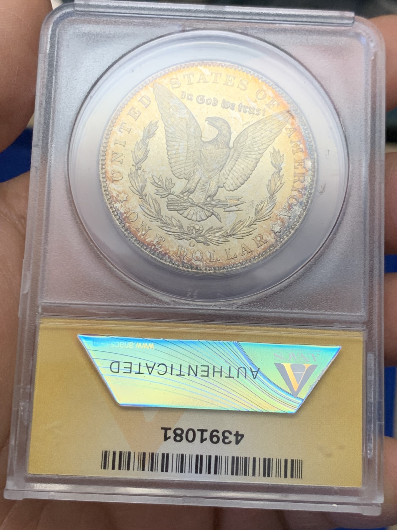 《竞宝斋》圣诞专辑  第二场  第228场 定制纪念章相赠 (全场顺丰包邮) ANACS-MS64PL 美国 1904年 1美元 摩根银币 镜面+金色包浆 可以当镜子的品相