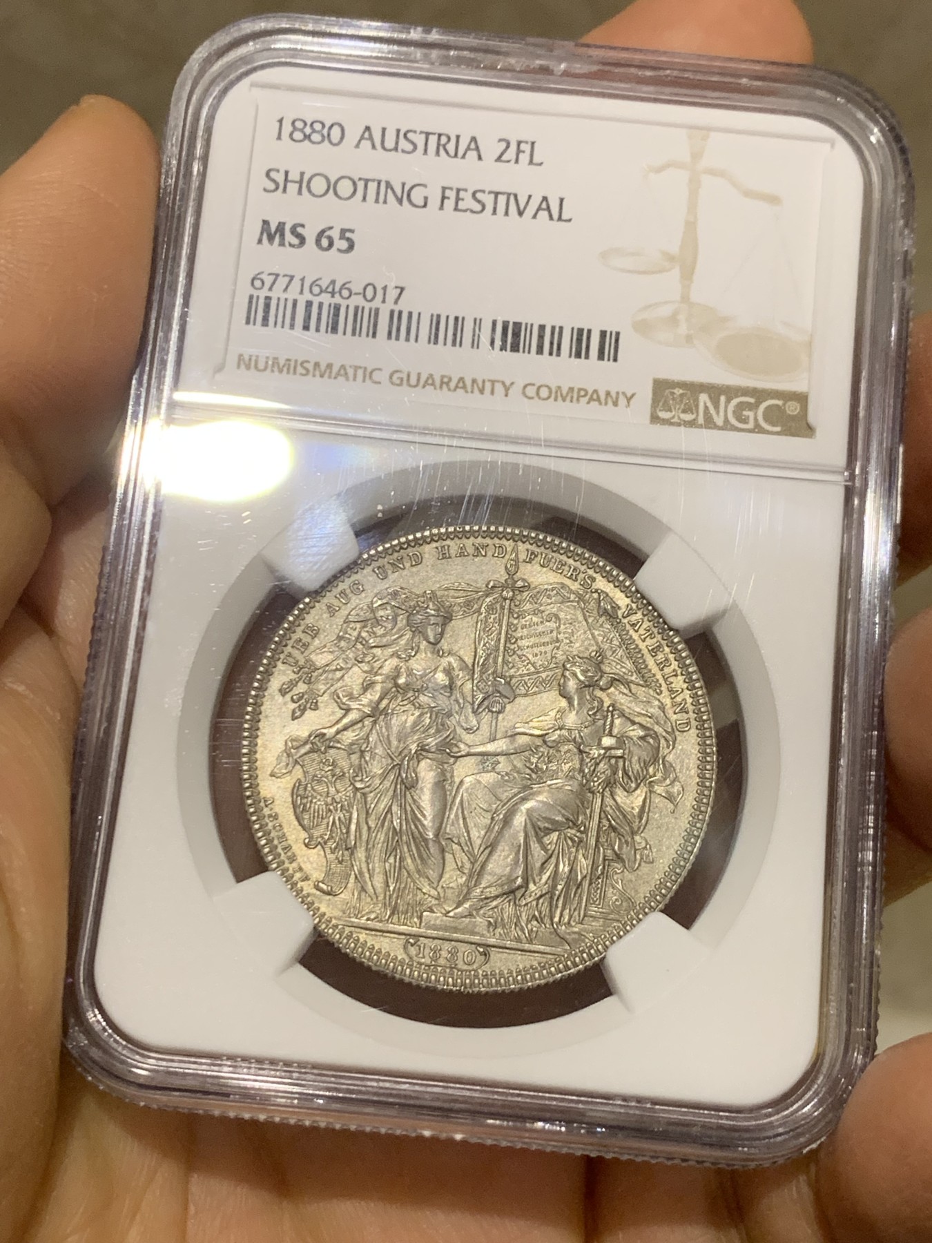 《竞宝斋》圣诞专辑  第二场  第228场 定制纪念章相赠 (全场顺丰包邮) NGC-MS65 奥地利 1880 射击节泰勒/2弗洛林 浮雕生动 构图精妙 安东 沙夫 经典设计 NGC亚军分 首拍品种