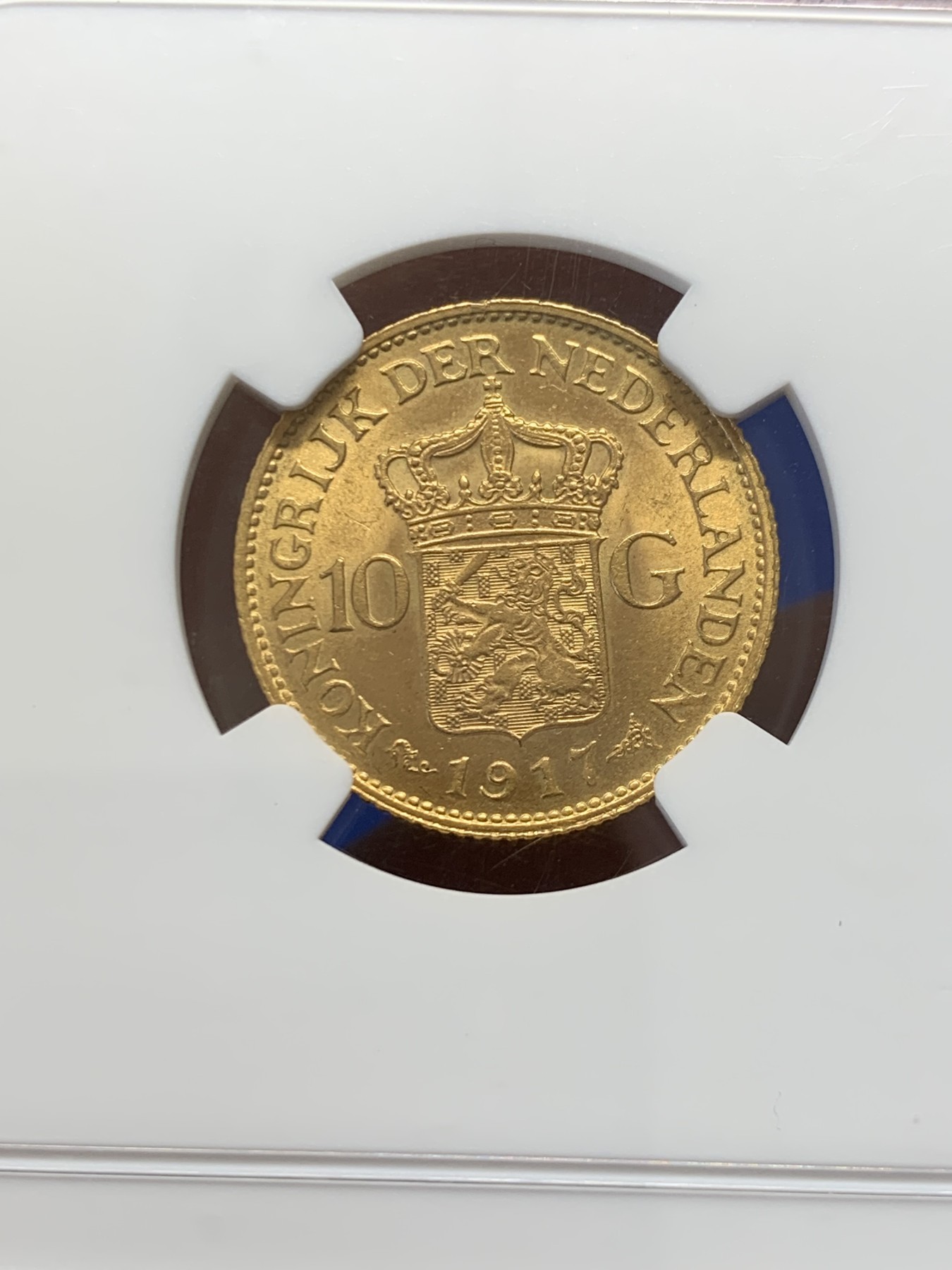 《竞宝斋》圣诞专辑  第二场  第228场 定制纪念章相赠 (全场顺丰包邮) NGC-MS64 1917荷兰威廉明娜10盾金币 少妇版车轮光金灿灿 热门好品潜力高