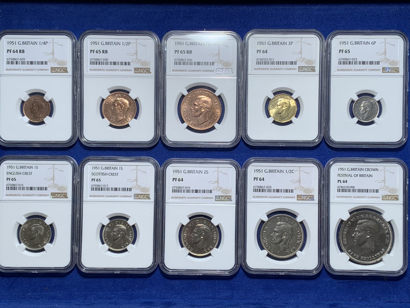《竞宝斋》圣诞专辑  第二场  第228场 定制纪念章相赠 (全场顺丰包邮) NGC PF-PL64-65 英国 1951 乔治六世  10枚组套币 高分难得 其中1951为PL版本 一次配好