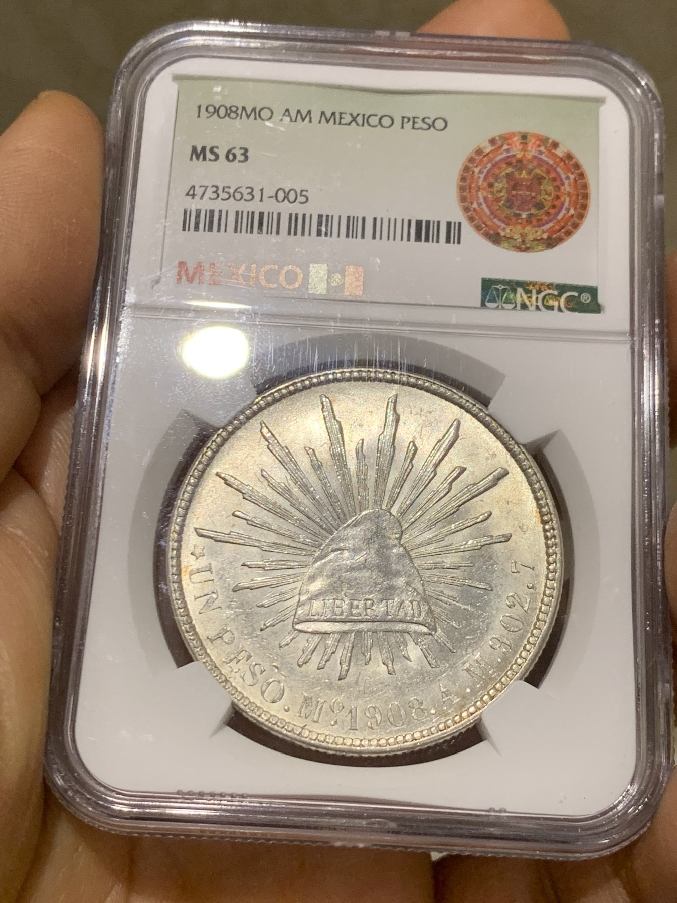 《竞宝斋》圣诞专辑  第二场  第228场 定制纪念章相赠 (全场顺丰包邮) NGC MS63 墨西哥1908年MoAM版直边鹰洋1比索银币 墨西哥本土ngc评级