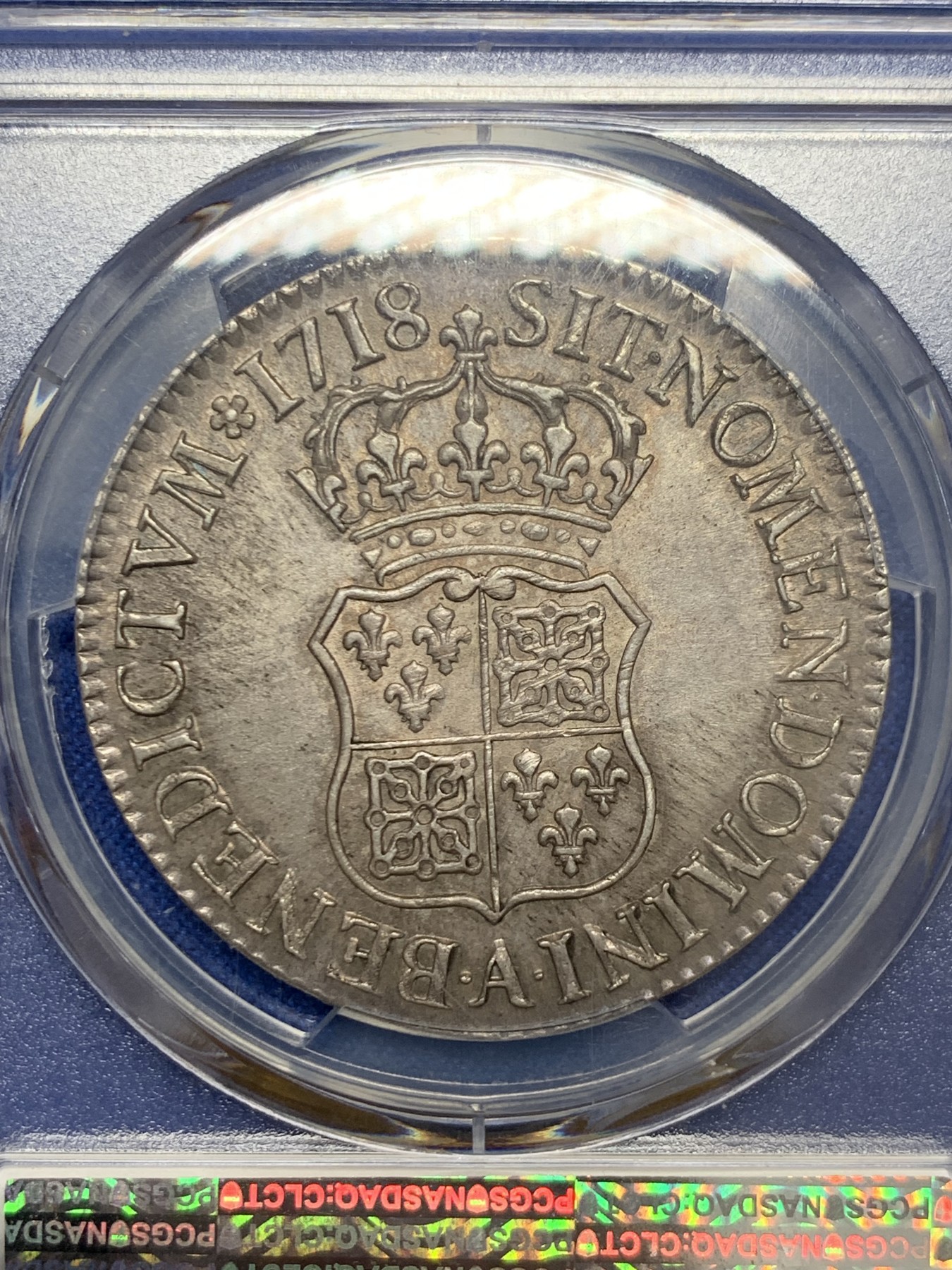 《竞宝斋》圣诞专辑  第二场  第228场 定制纪念章相赠 (全场顺丰包邮) PCGS-MS62 法国1718-A路易十五幼年版埃居 好彩少见MS出分品种 少减重痕 双面全深打 法系必备