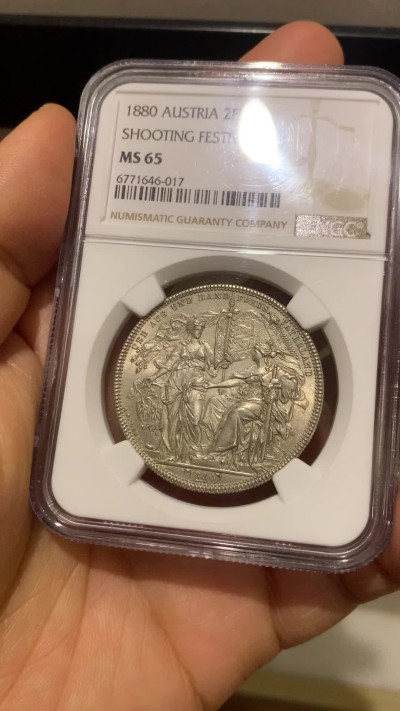《竞宝斋》圣诞专辑  第二场  第228场 定制纪念章相赠 (全场顺丰包邮) NGC-MS65 奥地利 1880 射击节泰勒/2弗洛林 浮雕生动 构图精妙 安东 沙夫 经典设计 NGC亚军分 首拍品种
