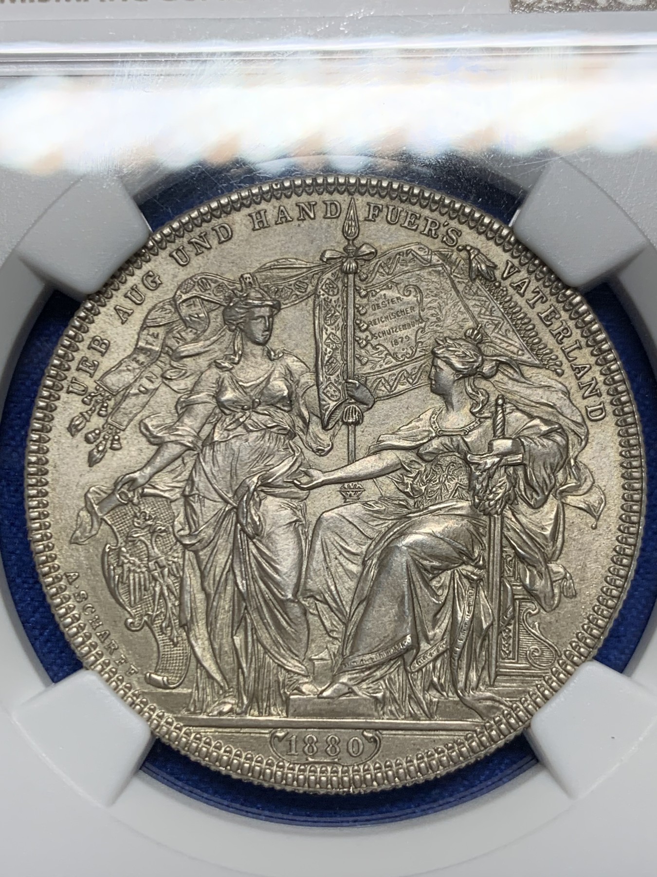 《竞宝斋》圣诞专辑  第二场  第228场 定制纪念章相赠 (全场顺丰包邮) NGC-MS65 奥地利 1880 射击节泰勒/2弗洛林 浮雕生动 构图精妙 安东 沙夫 经典设计 NGC亚军分 首拍品种