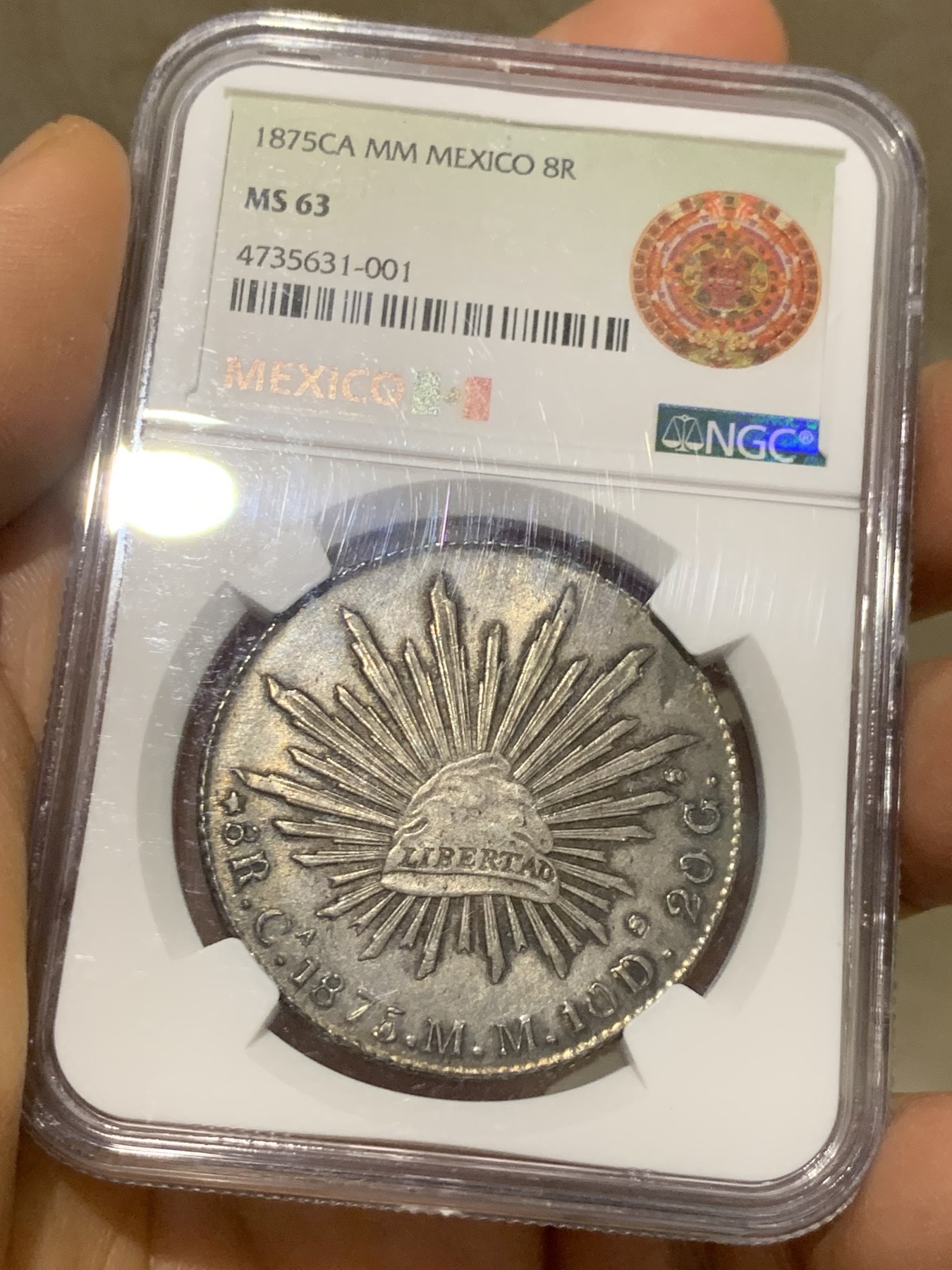 《竞宝斋》圣诞专辑  第二场  第228场 定制纪念章相赠 (全场顺丰包邮) NGC MS63 墨西哥1875年CA版（比较少见的版本）花边鹰洋8瑞尔银币