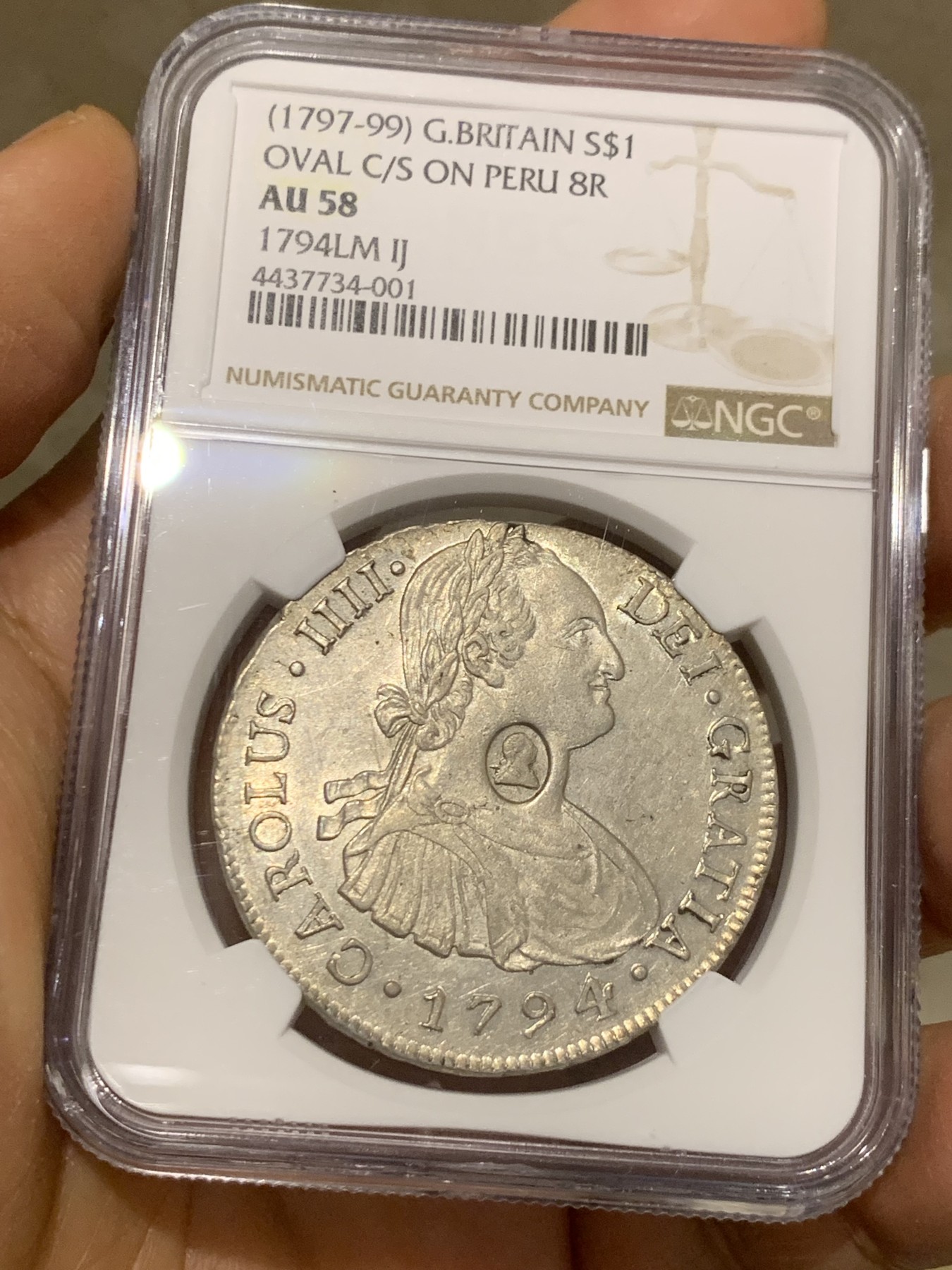 《竞宝斋》圣诞专辑  第二场  第228场 定制纪念章相赠 (全场顺丰包邮) NGC AU58 季军 英国1794年乔治三世加盖秘鲁8里亚尔，秘鲁加盖少见