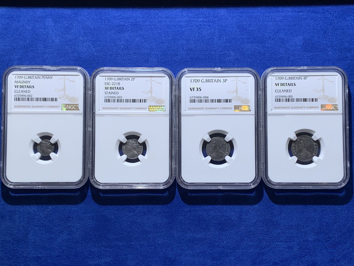 《竞宝斋》圣诞专辑  第二场  第228场 定制纪念章相赠 (全场顺丰包邮) 4枚一组 NGC 英国1709安妮女王濯足币，1P+2P+3P+4P面值，R级珍惜度