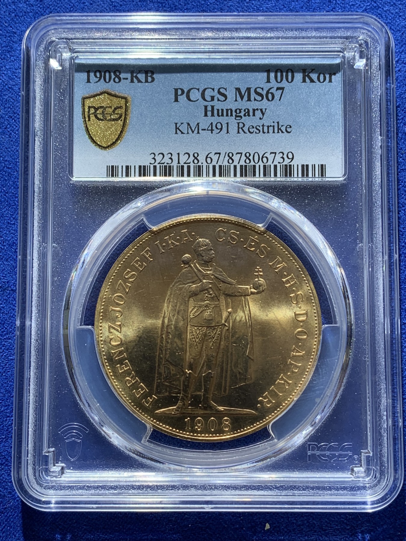 《竞宝斋》圣诞专辑  第二场  第228场 定制纪念章相赠 (全场顺丰包邮) PCGS-MS67 奥匈帝国匈牙利（1908）100克朗金币 后铸 33.88克，成色90%，品相极美
