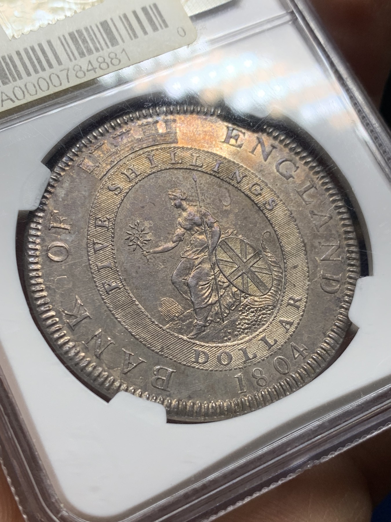 《竞宝斋》圣诞专辑  第二场  第228场 定制纪念章相赠 (全场顺丰包邮) NGC-MS62 英国乔三 1804年 英格兰银行 5先令大银币 一流的传世包浆 暴涨品种 底板带PL版 状态好