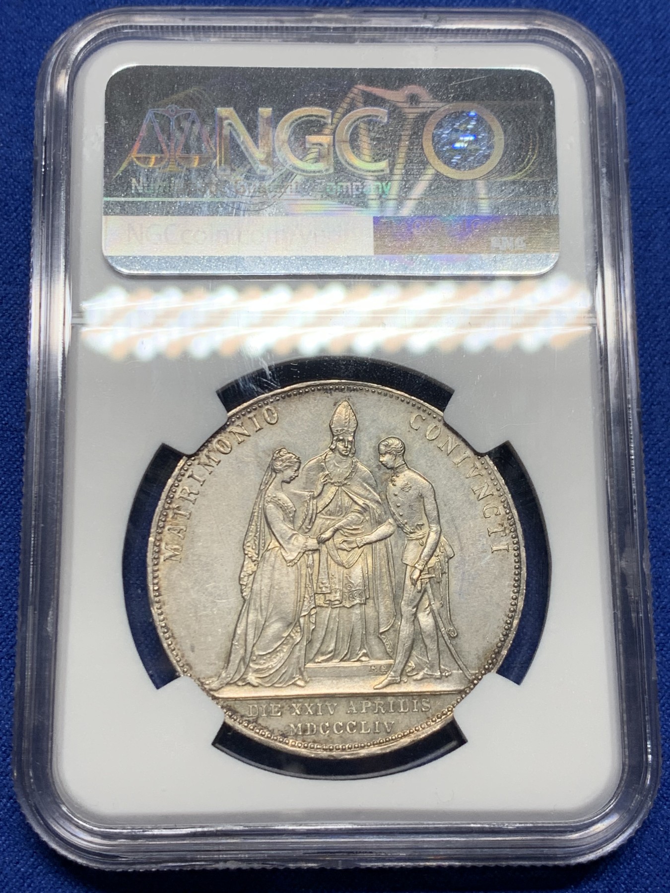 《竞宝斋》圣诞专辑  第二场  第228场 定制纪念章相赠 (全场顺丰包邮) NGC-MS62 奥匈帝国 1854年 2盾 茜茜公主大婚纪念银币 包浆纯粹 浮雕神圣深邃 年度收藏精选