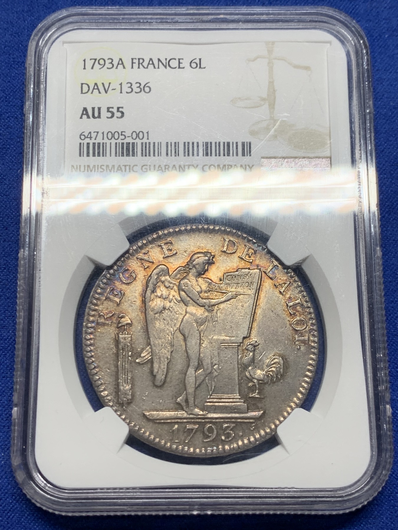 《竞宝斋》圣诞专辑  第二场  第228场 定制纪念章相赠 (全场顺丰包邮) NGC-AU55 法国1793年天使版6里弗尔大银币，深打，唯一年份，老包浆，法国大革命第二年，天使五官清晰可见，55分中的战斗机。法系收藏绕不过的名誉品！