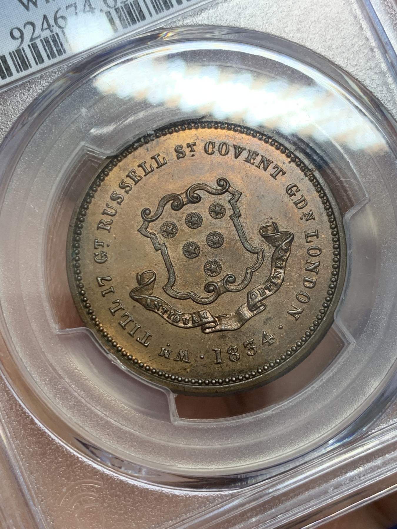 《竞宝斋》圣诞专辑  第二场  第228场 定制纪念章相赠 (全场顺丰包邮) PCGS MS65 唯一冠军 英国1834年Token半便士，著名币商William Till广告币