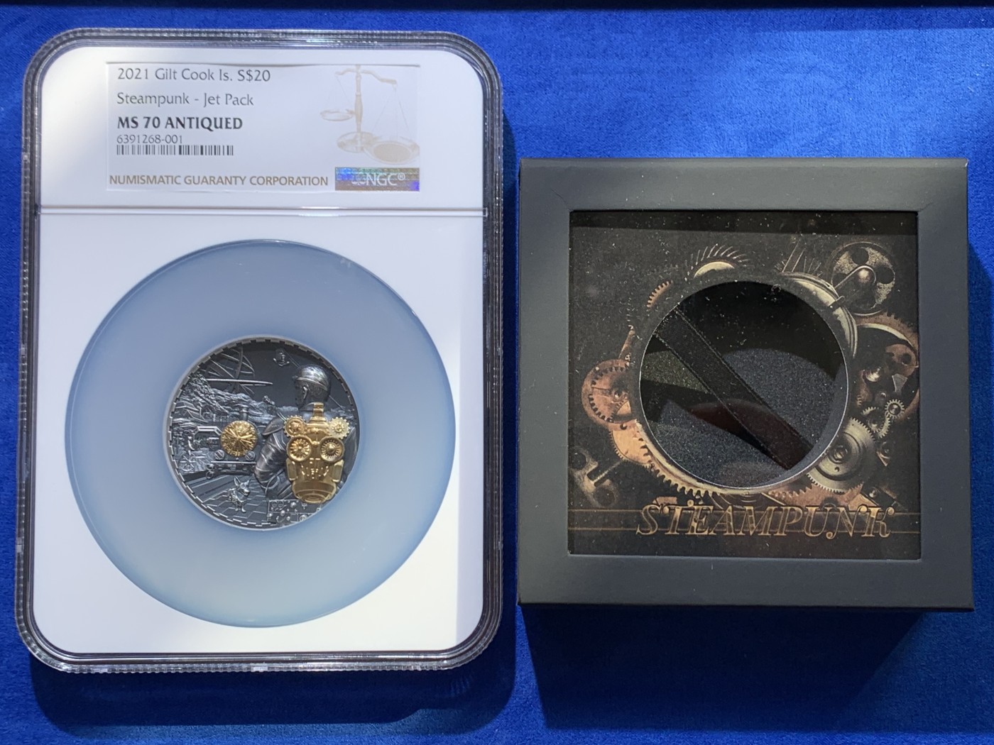 《竞宝斋》圣诞专辑  第二场  第228场 定制纪念章相赠 (全场顺丰包邮) NGC MS70 2021年库克蒸汽朋克系列-喷气背包浮雕镀金仿古纪念银币 盒装  50mm 3盎司 999银 发行量888枚