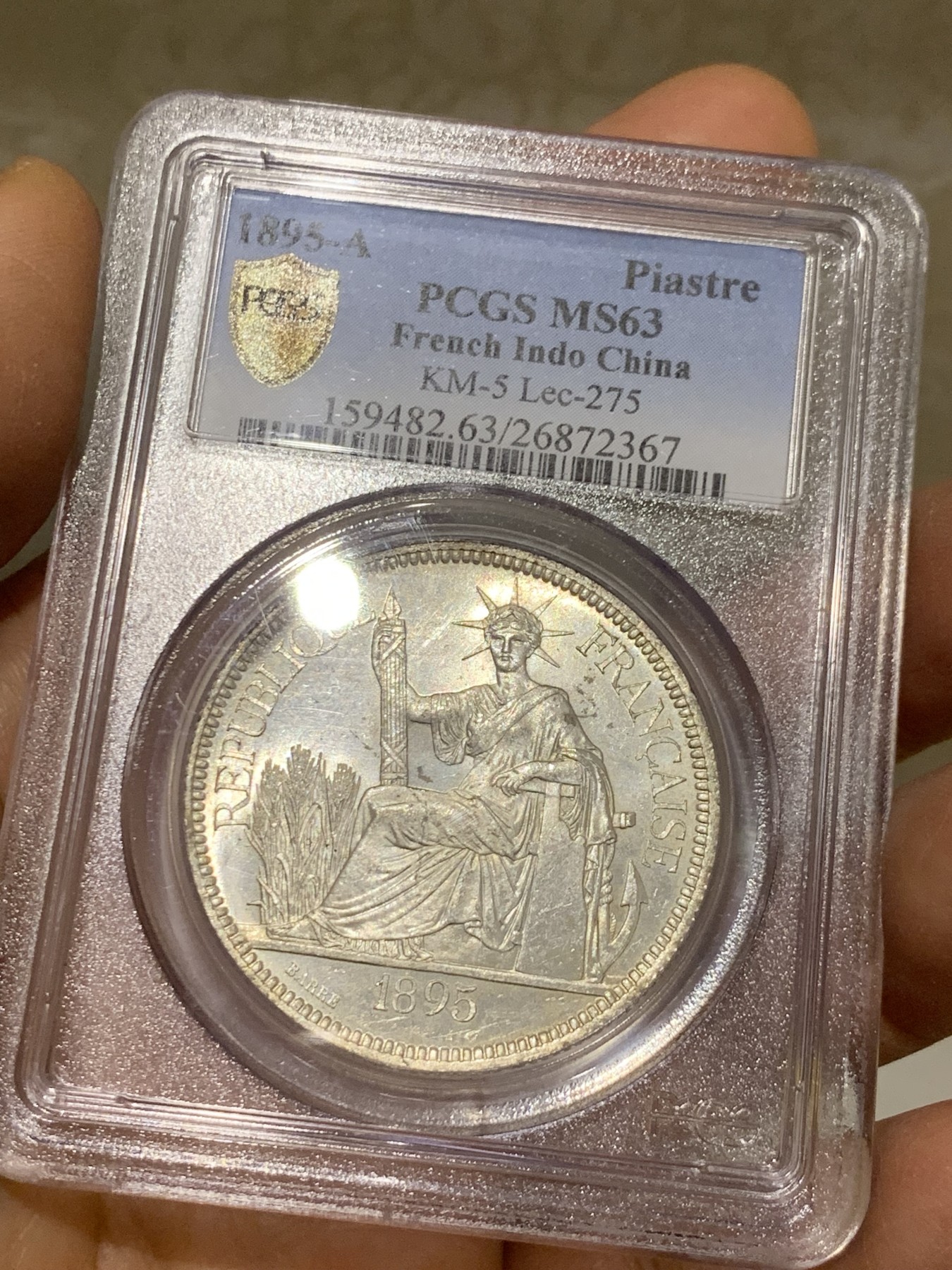 《竞宝斋》圣诞专辑  第二场  第228场 定制纪念章相赠 (全场顺丰包邮) PCGS MS63 法属印支 1895年加重坐洋，车轮炫光！
