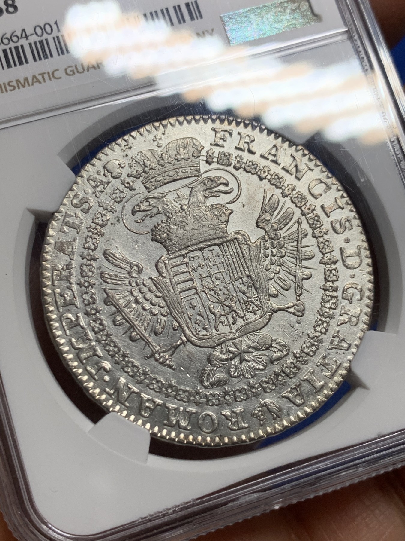 《竞宝斋》圣诞专辑  第二场  第228场 定制纪念章相赠 (全场顺丰包邮) NGC-AU58 1765年奥属尼德兰1泰勒大银币 唯一评级记录，君主为大奶妈与弗朗茨一世，比单独大奶妈那版少很多，底板很好，高点也在，有些低评了