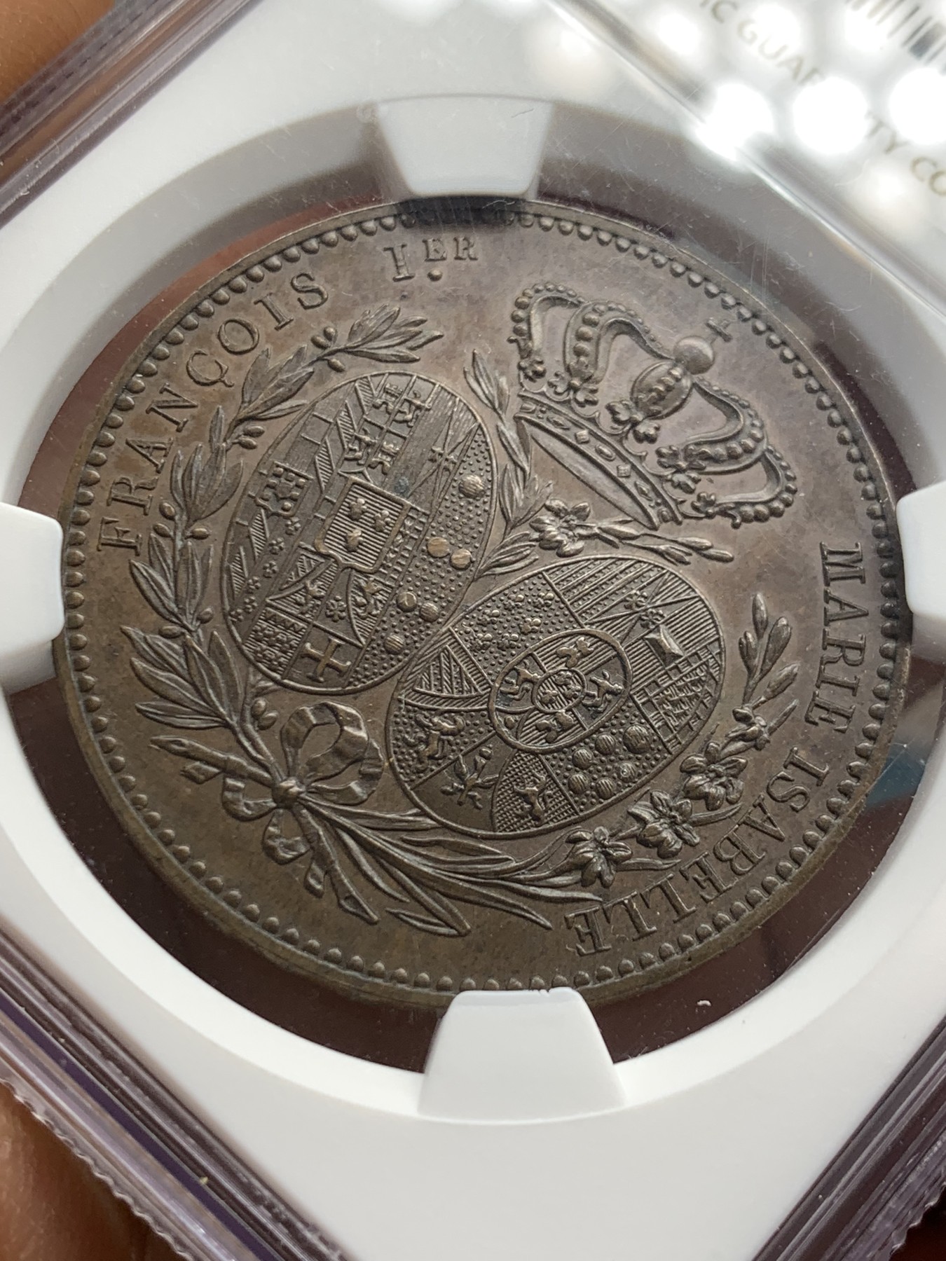 《竞宝斋》圣诞专辑  第二场  第228场 定制纪念章相赠 (全场顺丰包邮) NGC MS62BN 1830法国5法郎铜样币，纪念两西西里国王&王后参观巴黎造币厂而发行的铜质样币，发行量只有200枚！低评，克劳斯目录价高。