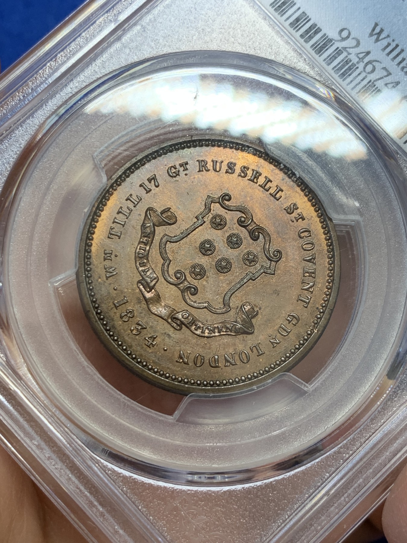 《竞宝斋》圣诞专辑  第二场  第228场 定制纪念章相赠 (全场顺丰包邮) PCGS MS65 唯一冠军 英国1834年Token半便士，著名币商William Till广告币