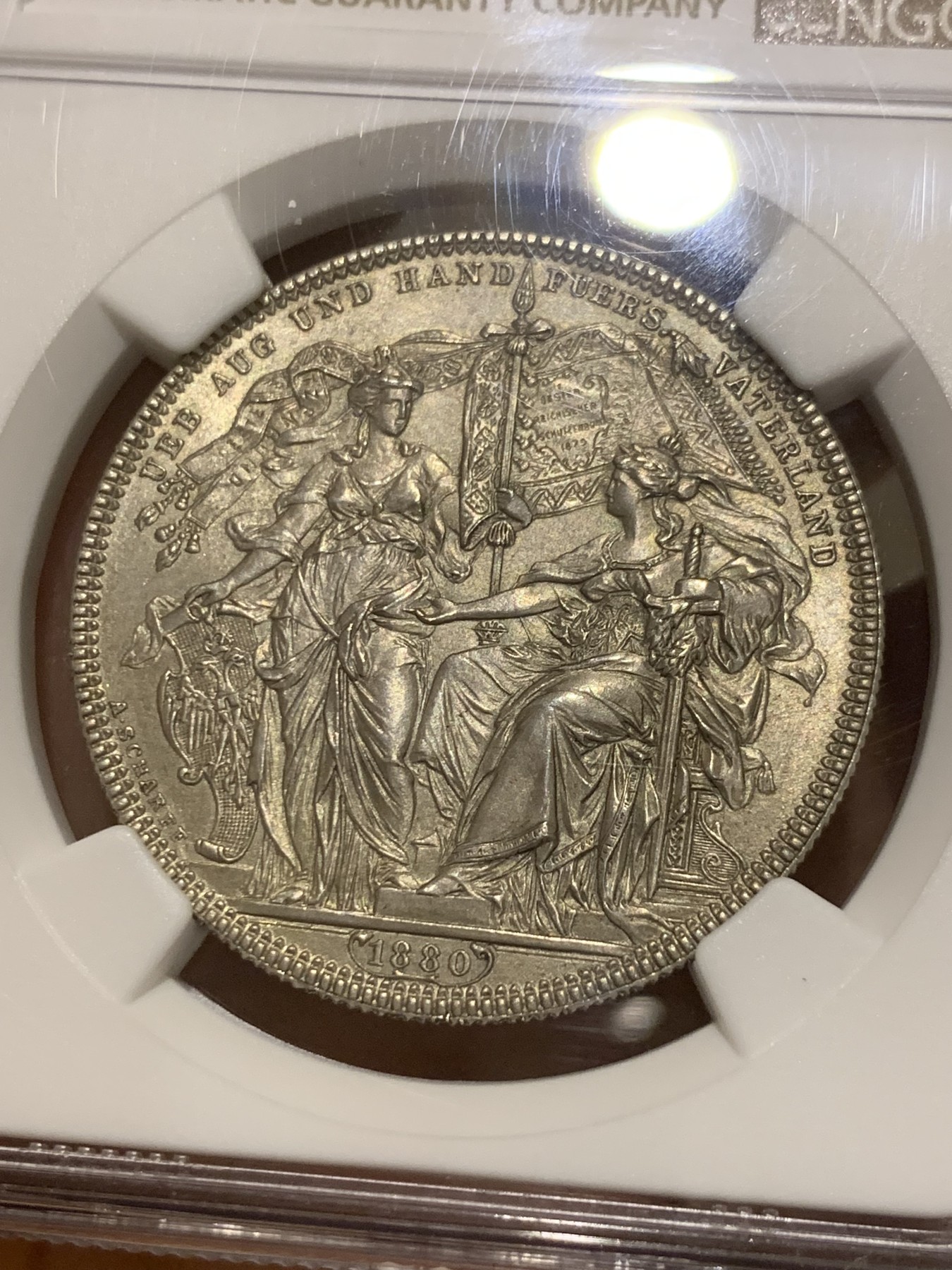 《竞宝斋》圣诞专辑  第二场  第228场 定制纪念章相赠 (全场顺丰包邮) NGC-MS65 奥地利 1880 射击节泰勒/2弗洛林 浮雕生动 构图精妙 安东 沙夫 经典设计 NGC亚军分 首拍品种