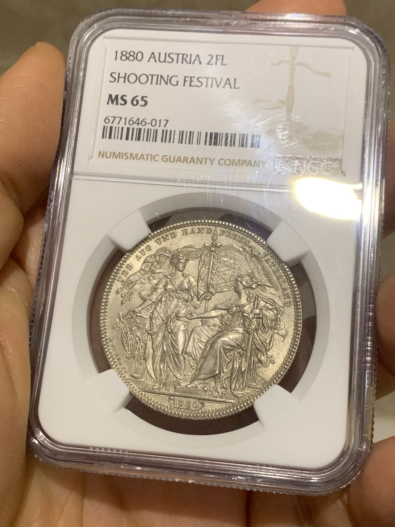 《竞宝斋》圣诞专辑  第二场  第228场 定制纪念章相赠 (全场顺丰包邮) NGC-MS65 奥地利 1880 射击节泰勒/2弗洛林 浮雕生动 构图精妙 安东 沙夫 经典设计 NGC亚军分 首拍品种