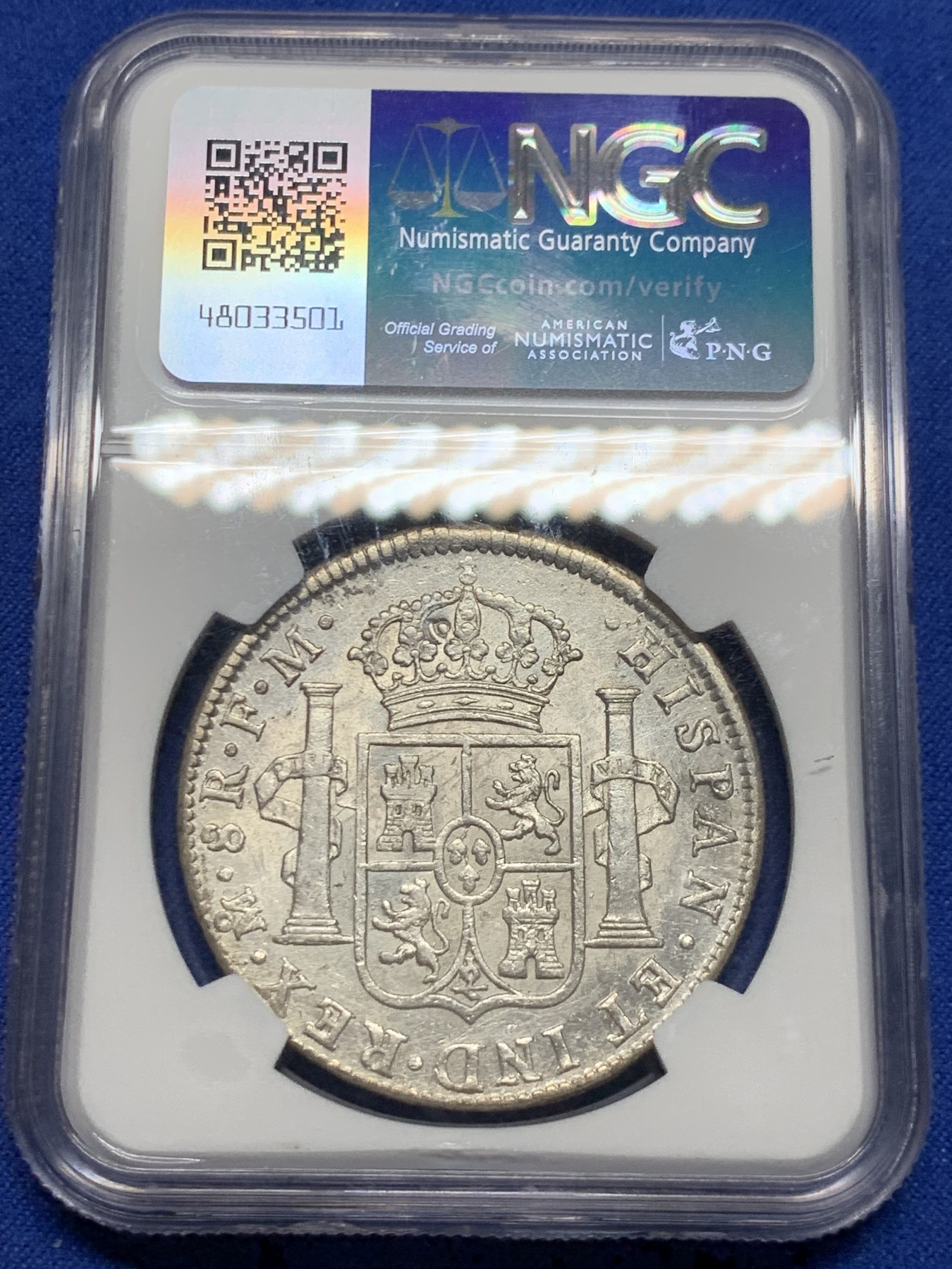 《竞宝斋》圣诞专辑  第二场  第228场 定制纪念章相赠 (全场顺丰包邮) NGC UNC 西属墨西哥1797年MO FM卡洛斯四世双柱8R银币 未流通状态 高性价比 细节见图