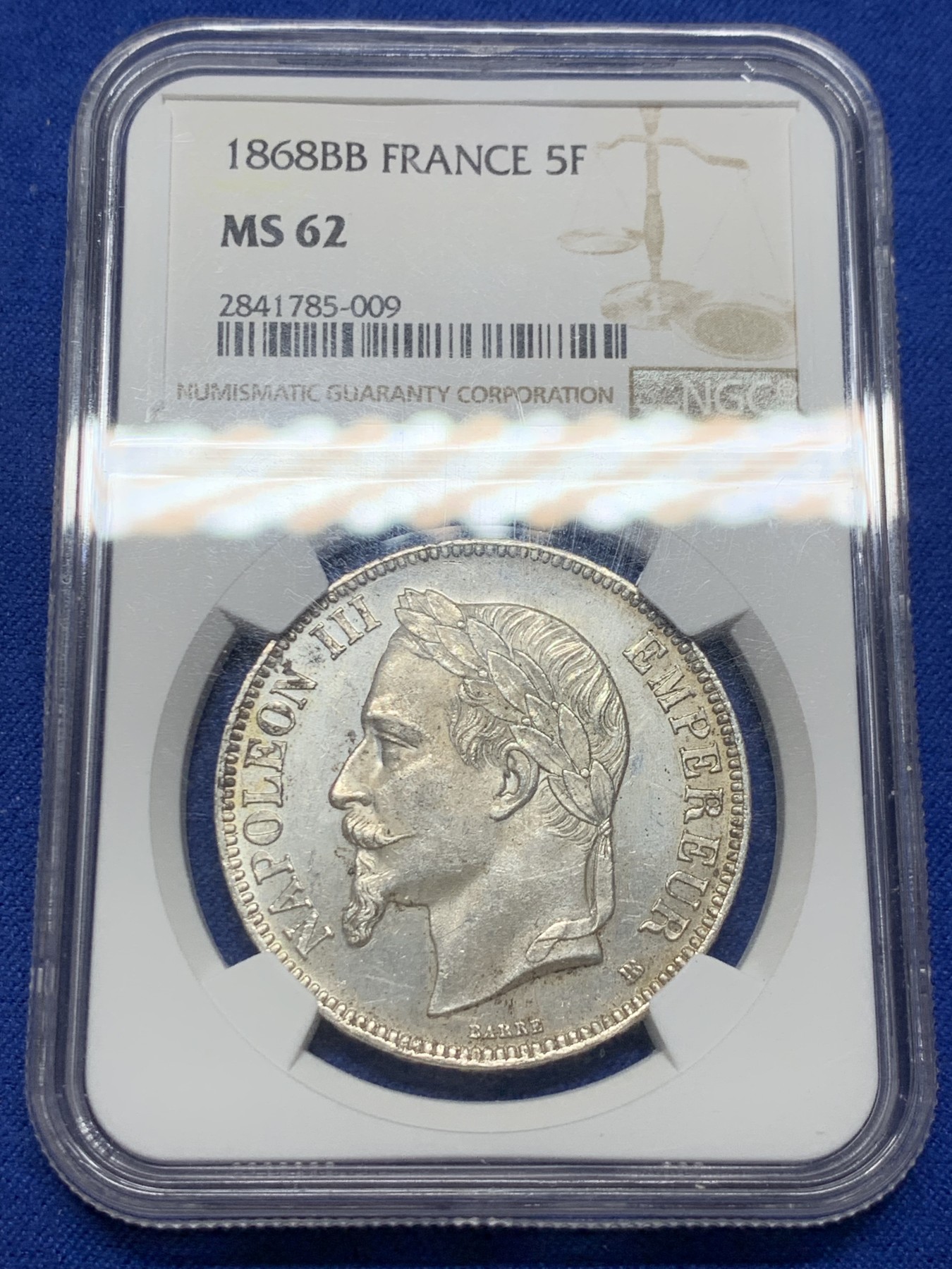 《竞宝斋》圣诞专辑  第二场  第228场 定制纪念章相赠 (全场顺丰包邮) NGC-MS62 法兰西第二帝国 拿破仑三世 1868年5法郎银币  细节满满  淡黄包浆 车轮光犹在 通货常见好品难得  值得入手