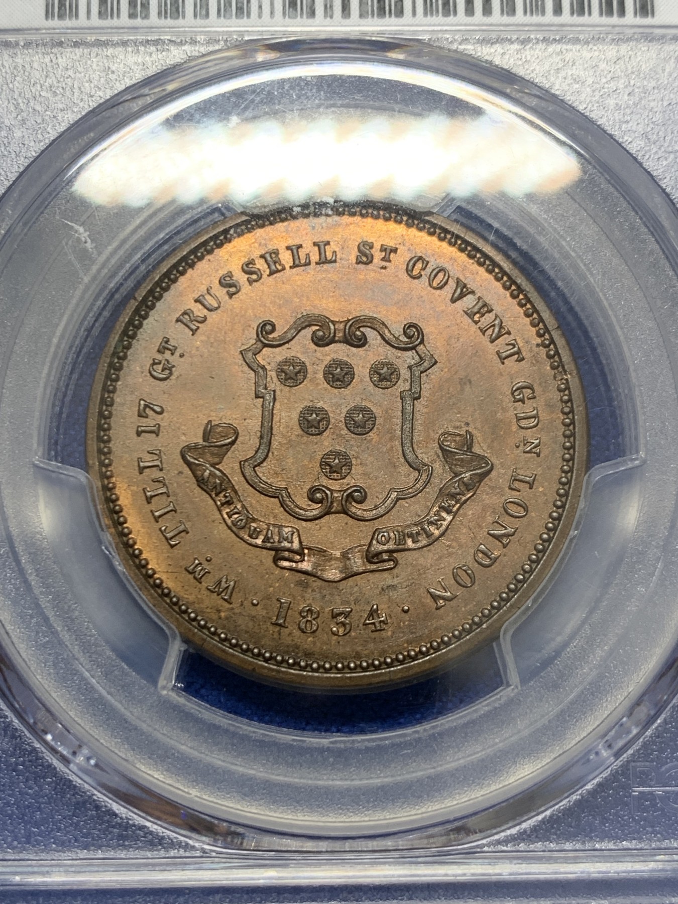 《竞宝斋》圣诞专辑  第二场  第228场 定制纪念章相赠 (全场顺丰包邮) PCGS MS65 唯一冠军 英国1834年Token半便士，著名币商William Till广告币
