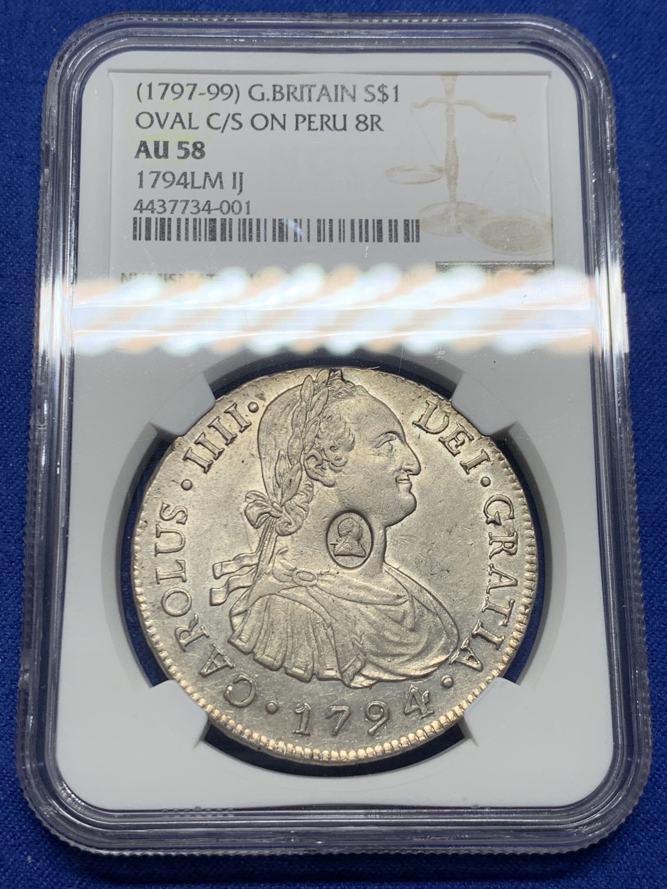 《竞宝斋》圣诞专辑  第二场  第228场 定制纪念章相赠 (全场顺丰包邮) NGC AU58 季军 英国1794年乔治三世加盖秘鲁8里亚尔，秘鲁加盖少见