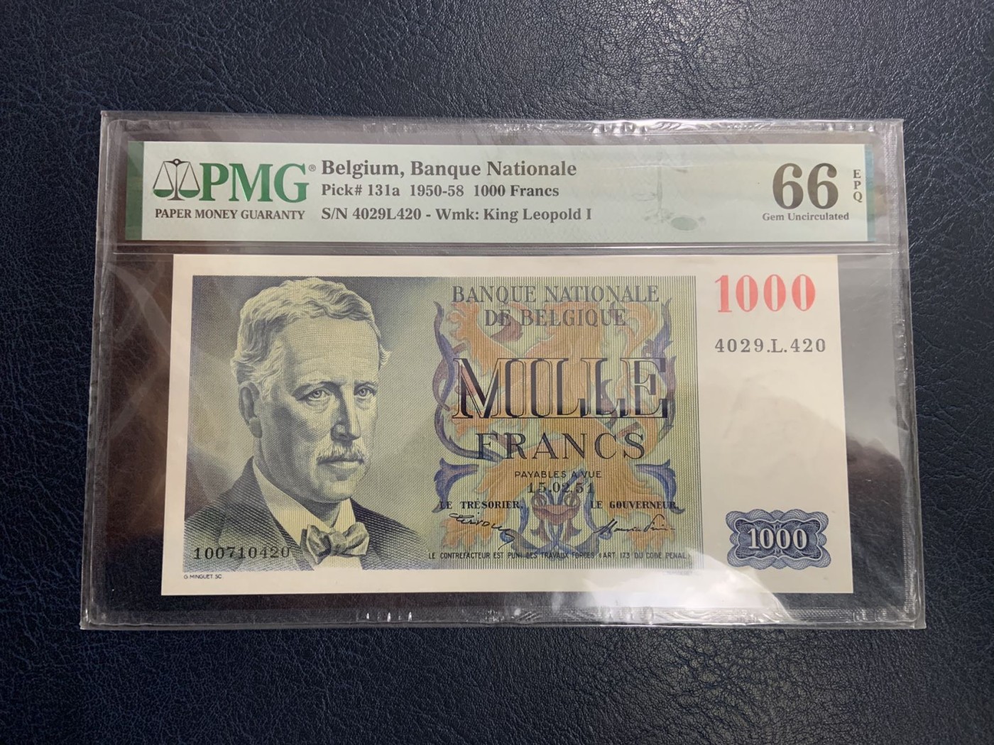收藏联盟Quantum Auction 第313期拍卖  比利时1951年1000法郎 PMG66 阿尔贝一世国王 稀少品种