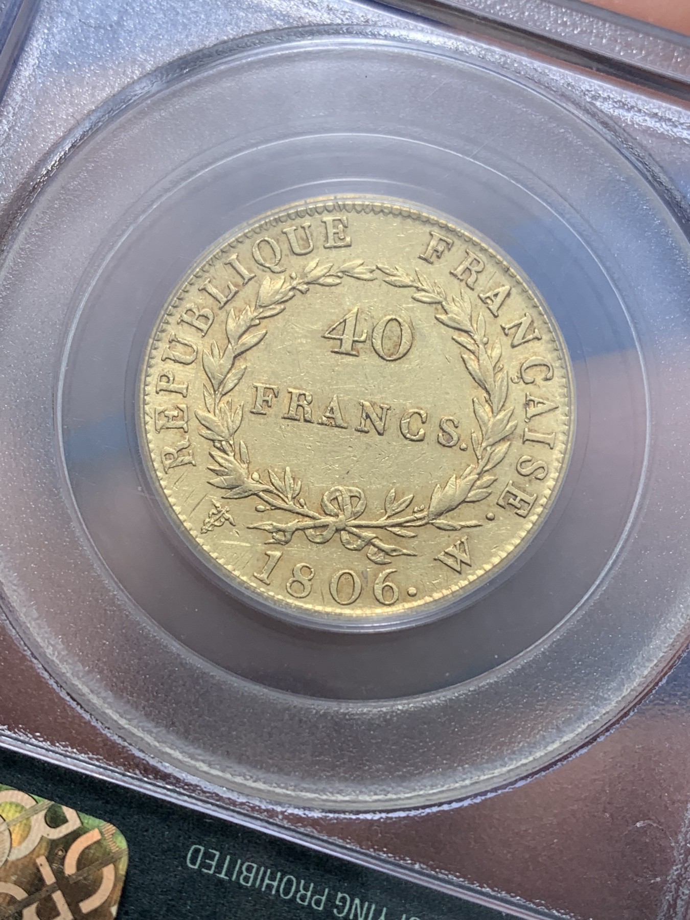 《竞宝斋》圣诞专辑  第二场  第228场 定制纪念章相赠 (全场顺丰包邮) PCGS XF45 法国1806年拿破仑一世40法郎金币 里尔造币厂 非常少见厂标 老绿盒严评 21年ha拍卖行拍出一枚同版ngcAU53含佣1560刀约11000rmb 铸造量仅4336枚 克劳斯钱币目录中XF40估价2500刀
