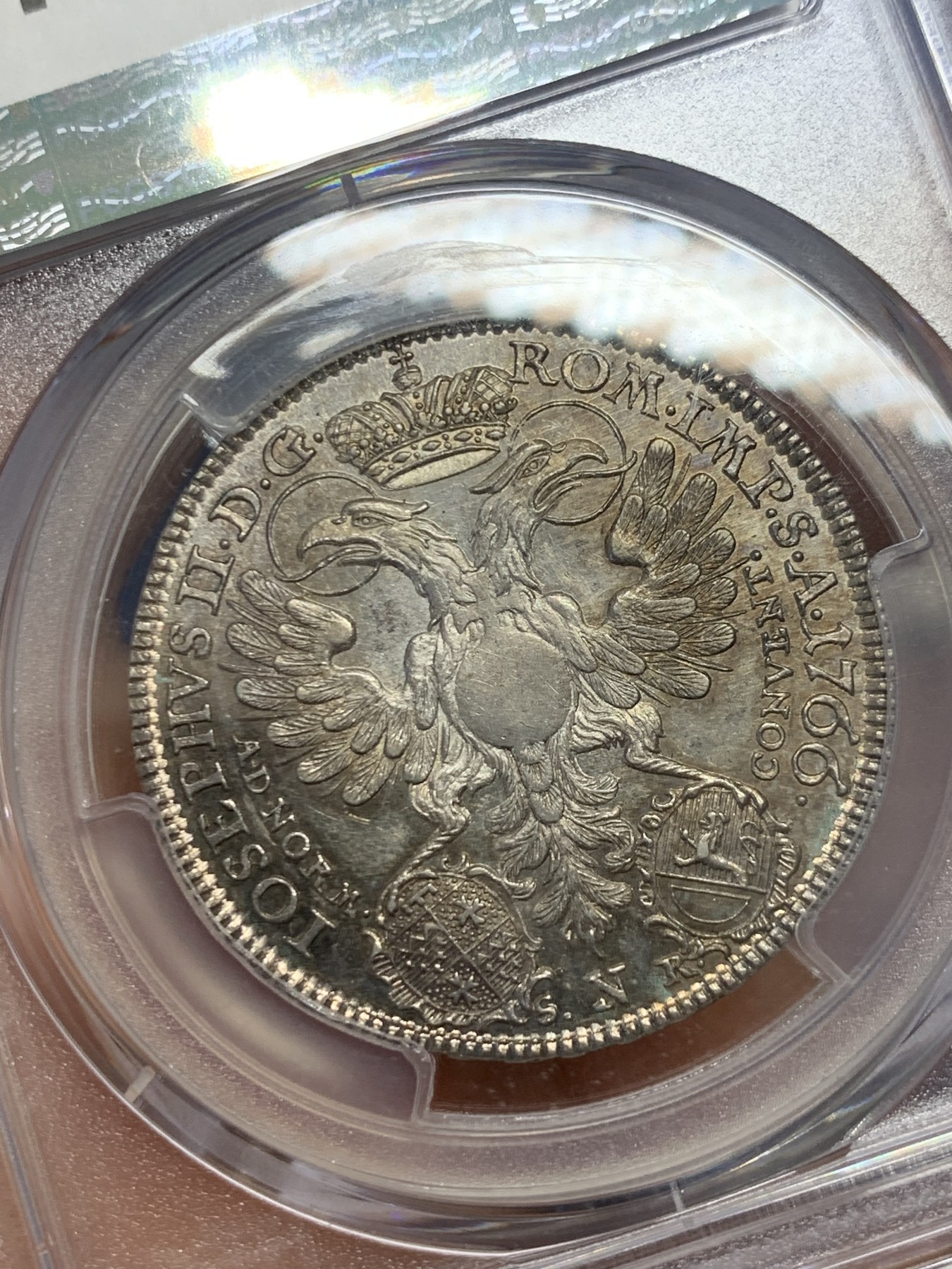 《竞宝斋》圣诞专辑  第二场  第228场 定制纪念章相赠 (全场顺丰包邮) PCGS-MS62 1766神圣罗马帝国弗里德贝格重甲武士1/2泰勒银币 非常少见，PL底板