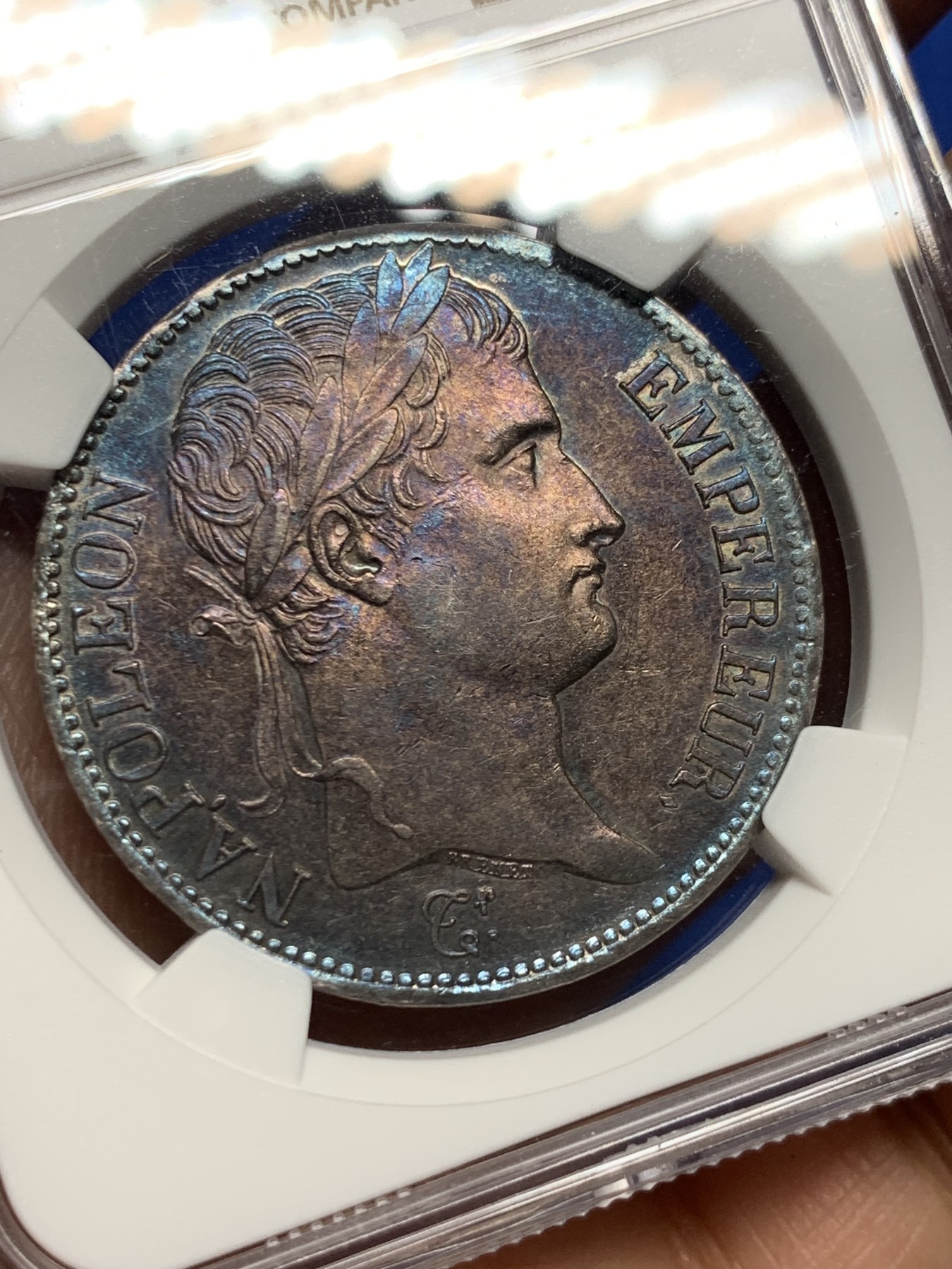 《竞宝斋》圣诞专辑  第二场  第228场 定制纪念章相赠 (全场顺丰包邮) NGC-AU55 法国1808年拿破仑大帝5法郎银币 特年，是拿破仑皇帝桂冠头像的共和版唯一年份，炫彩紫老包浆，有转光，状态极佳