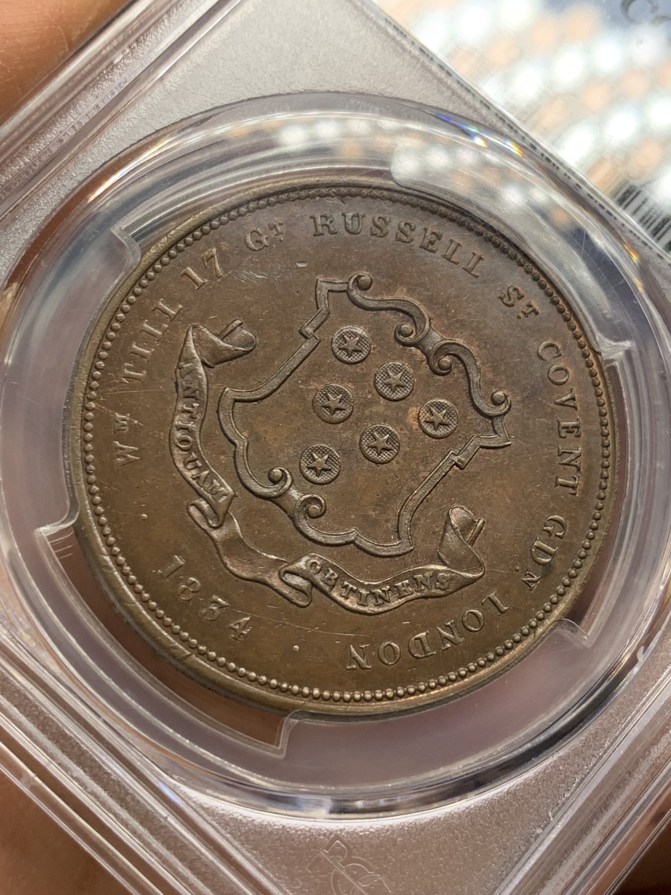 《竞宝斋》圣诞专辑  第二场  第228场 定制纪念章相赠 (全场顺丰包邮) PCGS MS63 唯一冠军 英国1834年Token一便士，著名币商William Till广告币，1便士面值罕见