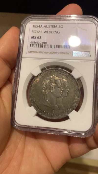 《竞宝斋》圣诞专辑  第二场  第228场 定制纪念章相赠 (全场顺丰包邮) NGC-MS62 奥匈帝国 1854年 2盾 茜茜公主大婚纪念银币 包浆纯粹 浮雕神圣深邃 年度收藏精选
