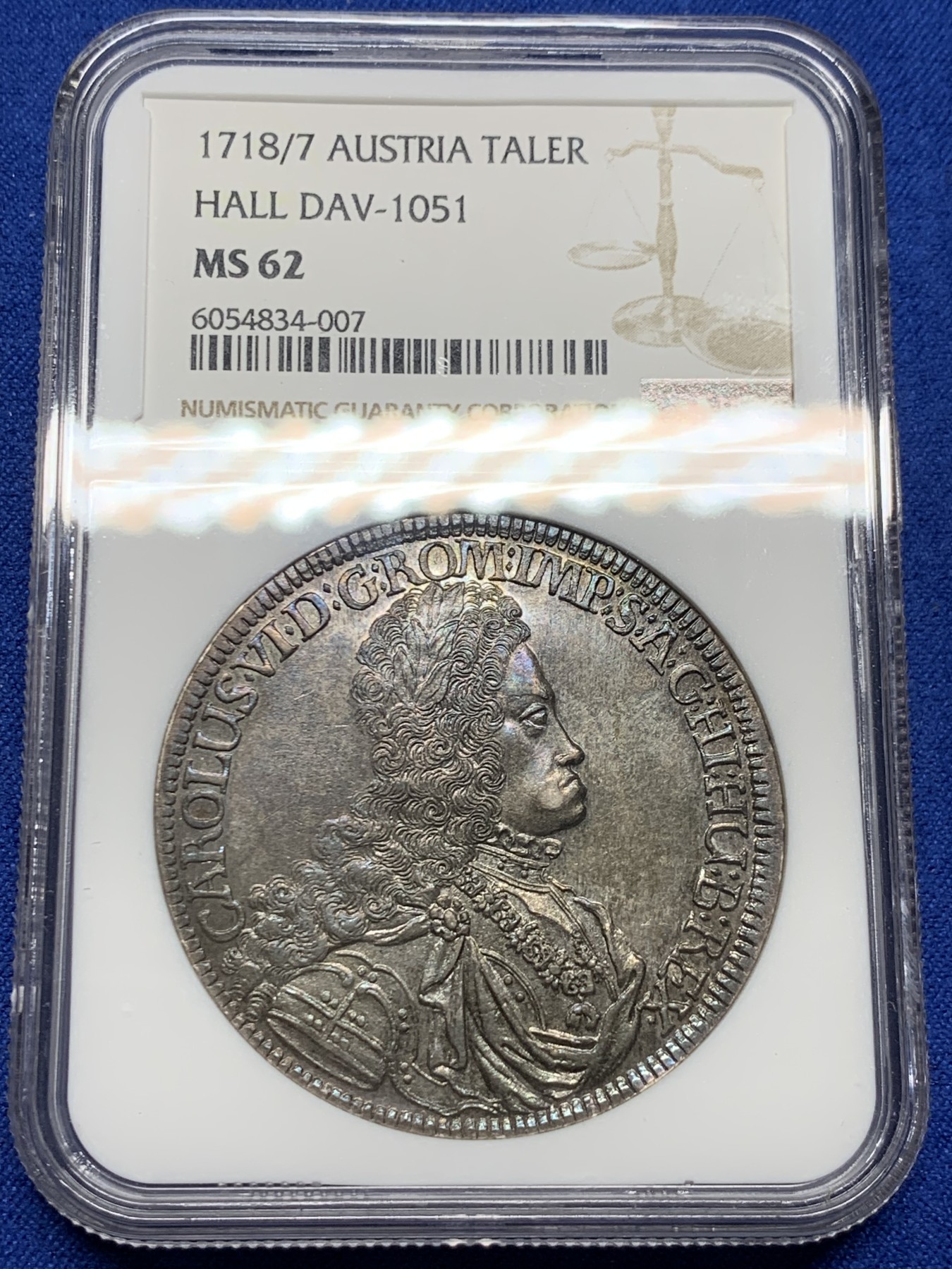 《竞宝斋》圣诞专辑  第二场  第228场 定制纪念章相赠 (全场顺丰包邮) NGC-MS62 神圣罗马帝国 1718/7年 查理六世泰勒骑字版大银币 奥地利大波浪神罗泰勒   彩金包浆 稀少骑字版。全网唯一骑字亚军分，上面就一个63分。