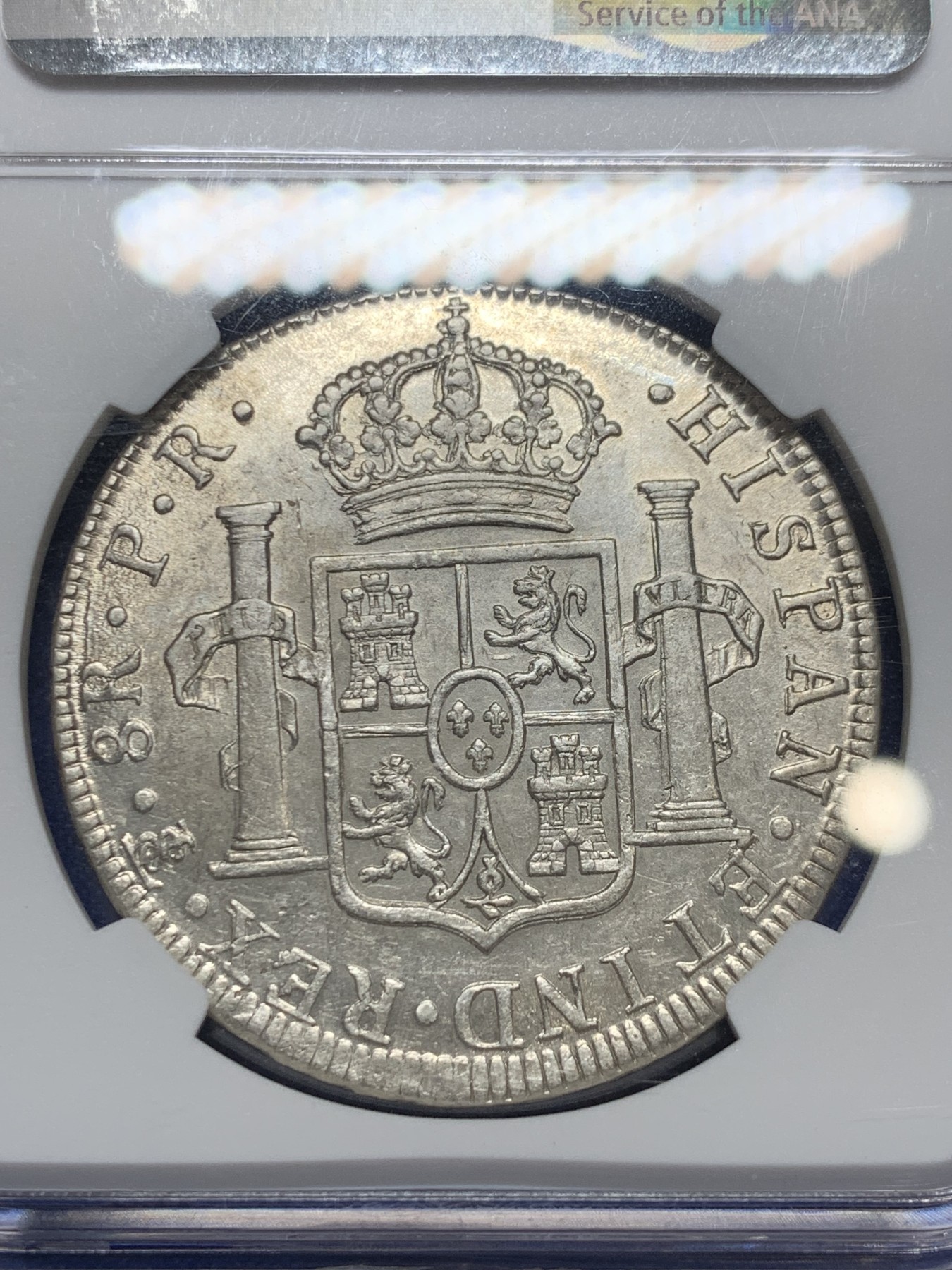 《竞宝斋》圣诞专辑  第二场  第228场 定制纪念章相赠 (全场顺丰包邮) NGC AU55玻利维亚1778年卡洛斯三世双柱银币，早期好年份，打制深，好品难得，ngc美国特色标签，ha拍卖行近期在10月份同年份ngcXF40成交价552刀约4000rmb，盒子边缘小磕。