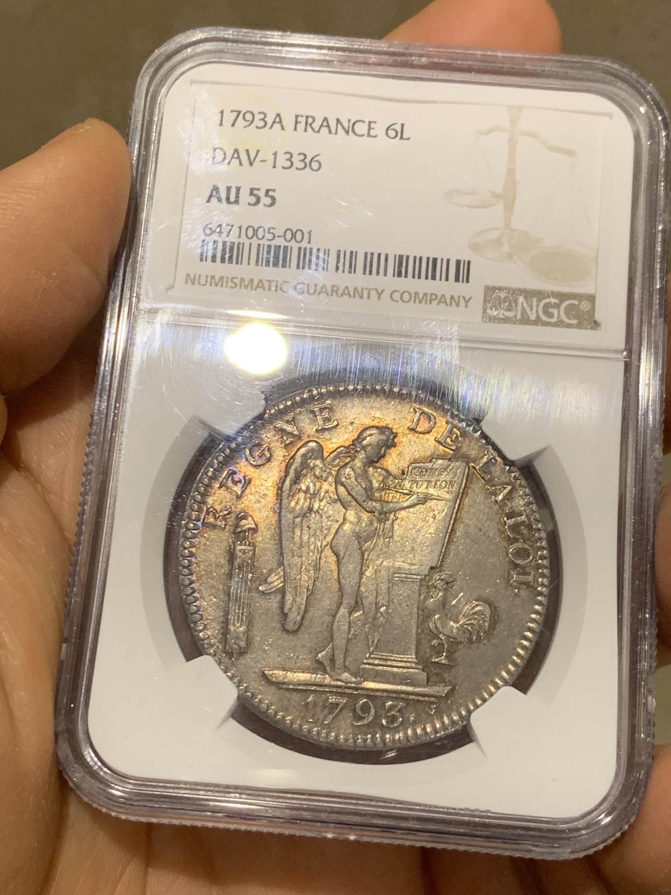 《竞宝斋》圣诞专辑  第二场  第228场 定制纪念章相赠 (全场顺丰包邮) NGC-AU55 法国1793年天使版6里弗尔大银币，深打，唯一年份，老包浆，法国大革命第二年，天使五官清晰可见，55分中的战斗机。法系收藏绕不过的名誉品！