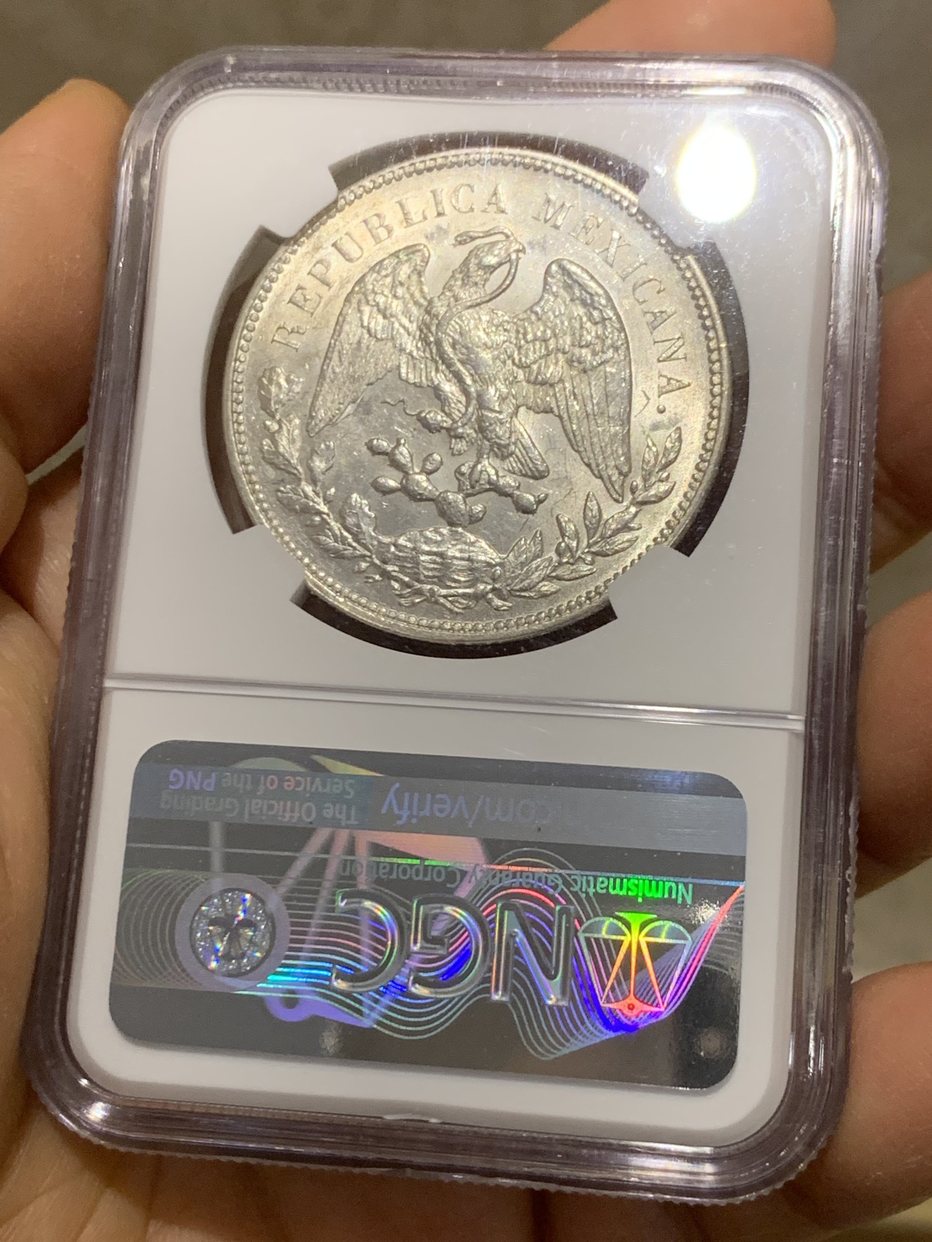 《竞宝斋》圣诞专辑  第二场  第228场 定制纪念章相赠 (全场顺丰包邮) NGC MS63 墨西哥1908年MoAM版直边鹰洋1比索银币 墨西哥本土ngc评级