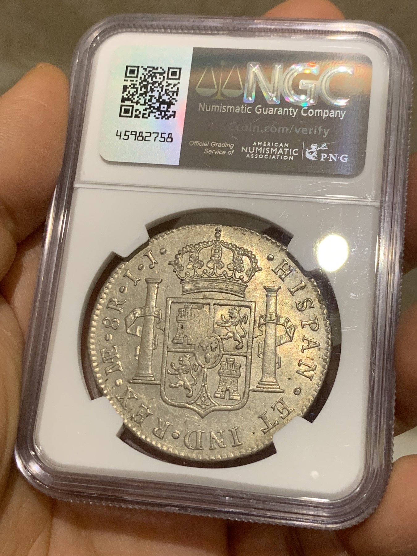 《竞宝斋》圣诞专辑  第二场  第228场 定制纪念章相赠 (全场顺丰包邮) NGC AU58 季军 英国1794年乔治三世加盖秘鲁8里亚尔，秘鲁加盖少见