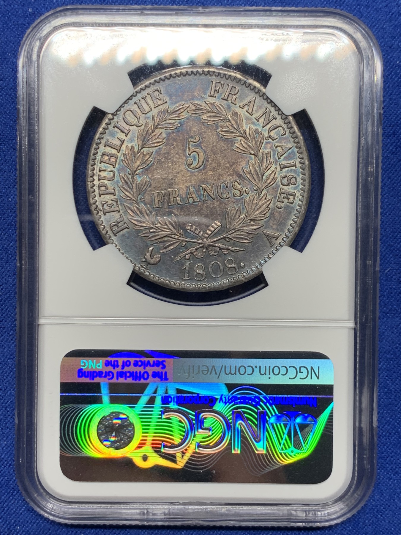 《竞宝斋》圣诞专辑  第二场  第228场 定制纪念章相赠 (全场顺丰包邮) NGC-AU55 法国1808年拿破仑大帝5法郎银币 特年，是拿破仑皇帝桂冠头像的共和版唯一年份，炫彩紫老包浆，有转光，状态极佳