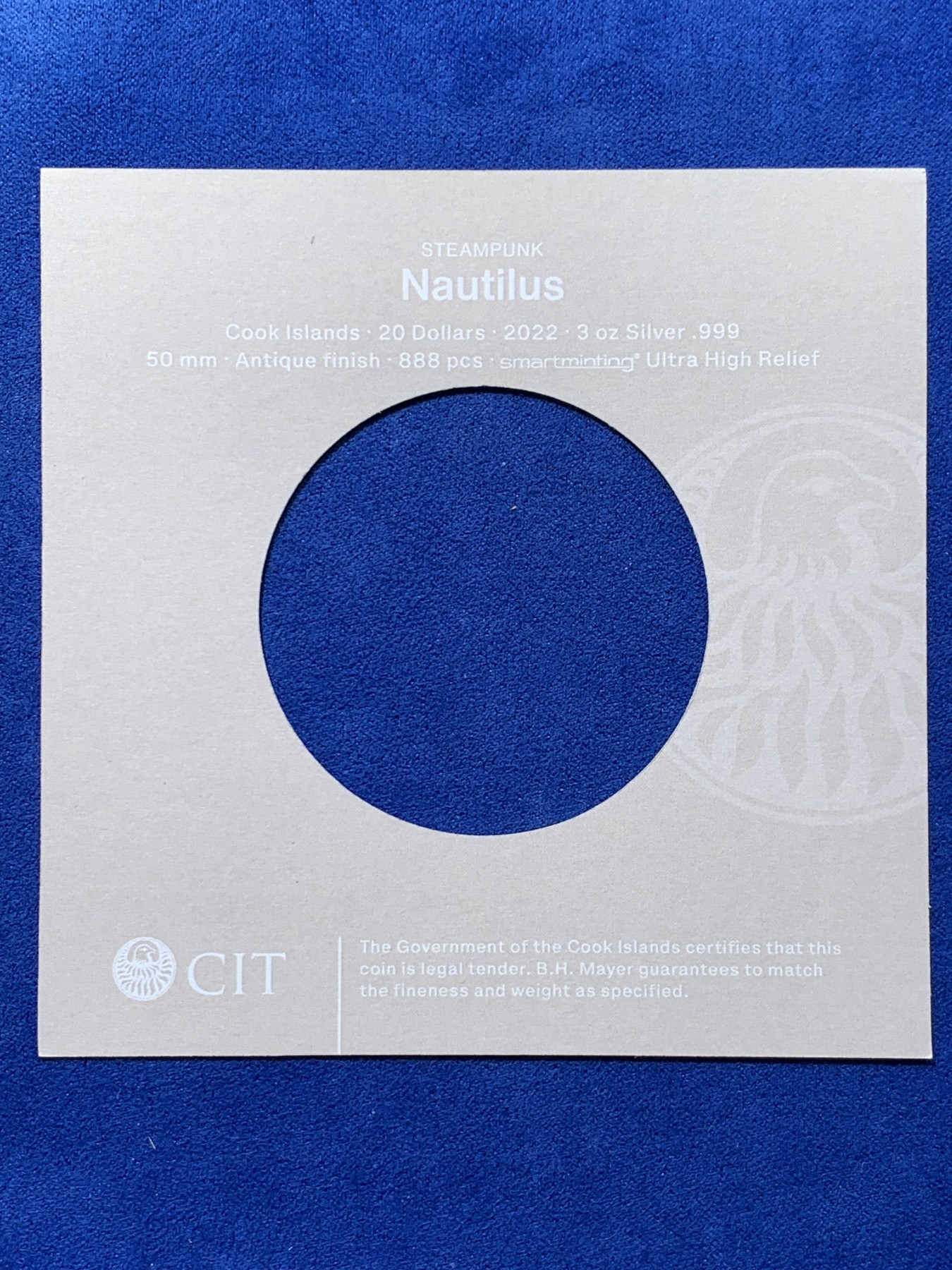 《竞宝斋》圣诞专辑  第二场  第228场 定制纪念章相赠 (全场顺丰包邮) NGC MS70 2022年库克蒸汽朋克系列-鹦鹉螺浮雕镀金仿古纪念银币 盒装  50mm 3盎司 999银 发行量888枚