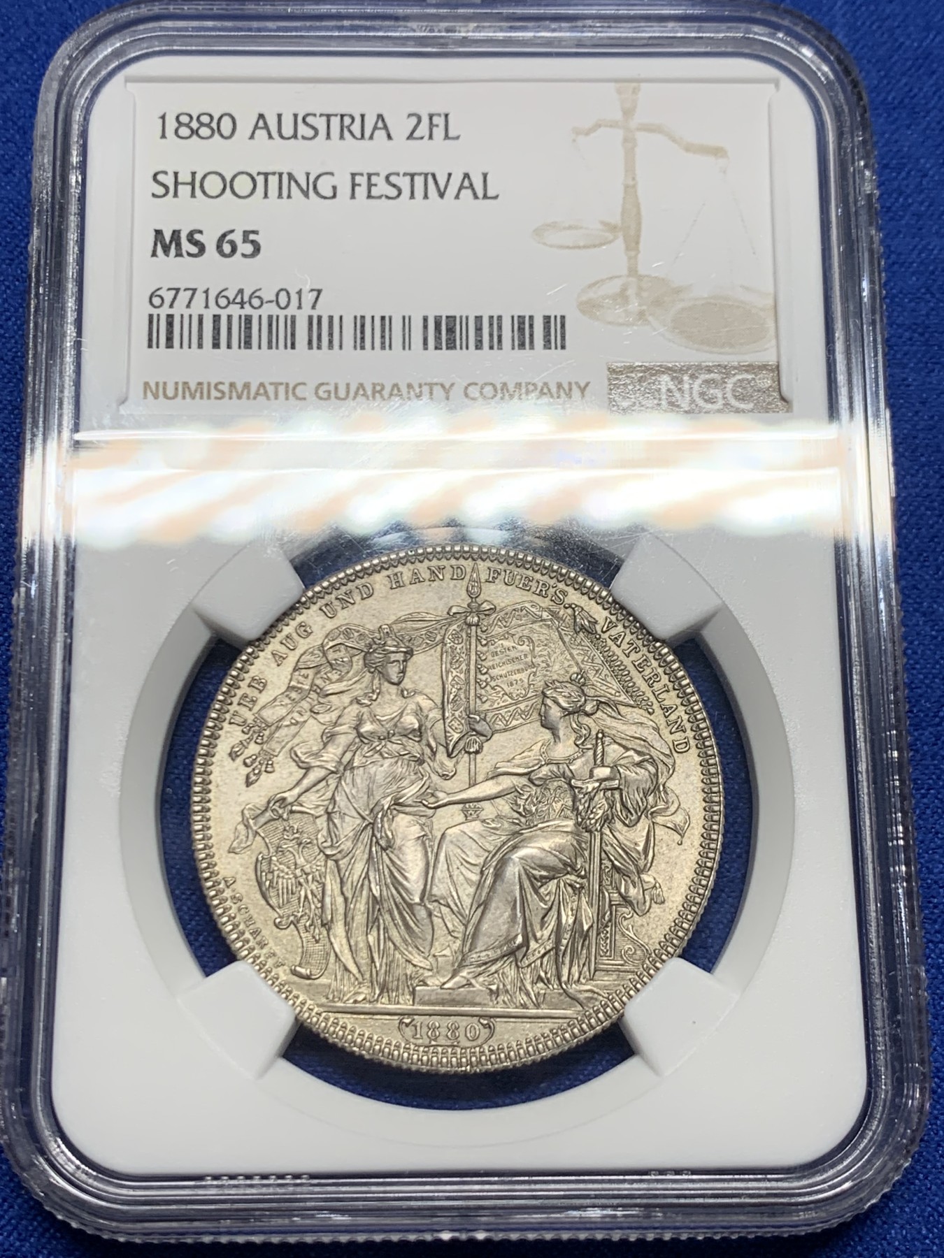 《竞宝斋》圣诞专辑  第二场  第228场 定制纪念章相赠 (全场顺丰包邮) NGC-MS65 奥地利 1880 射击节泰勒/2弗洛林 浮雕生动 构图精妙 安东 沙夫 经典设计 NGC亚军分 首拍品种