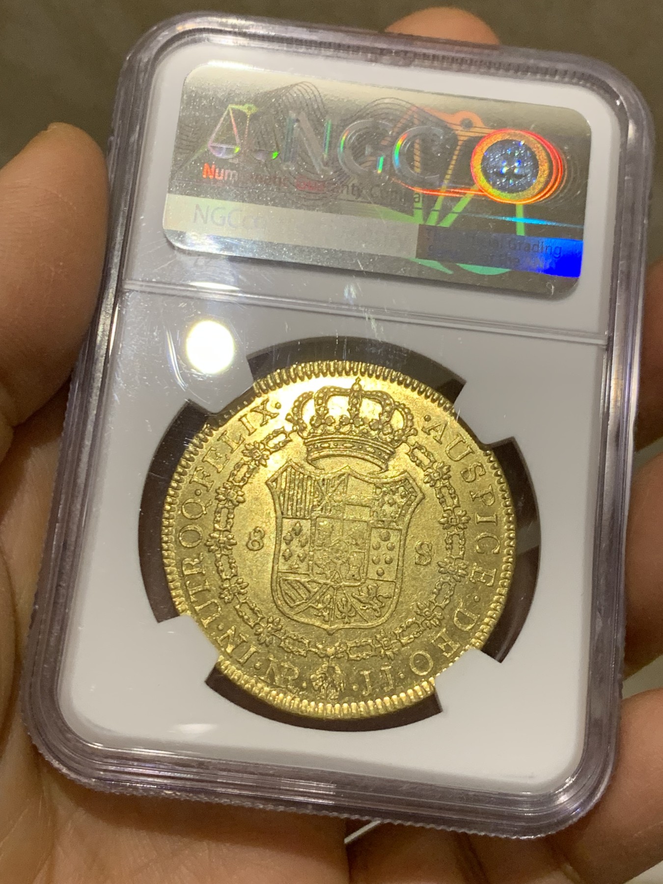 《竞宝斋》圣诞专辑  第二场  第228场 定制纪念章相赠 (全场顺丰包邮) NGC-MS62 1792年西属哥伦比亚8埃斯库多金币 早期卡四，打制完美，没有减重痕，MS西属大金及其难得,唯二亚军分，上面只有一个63