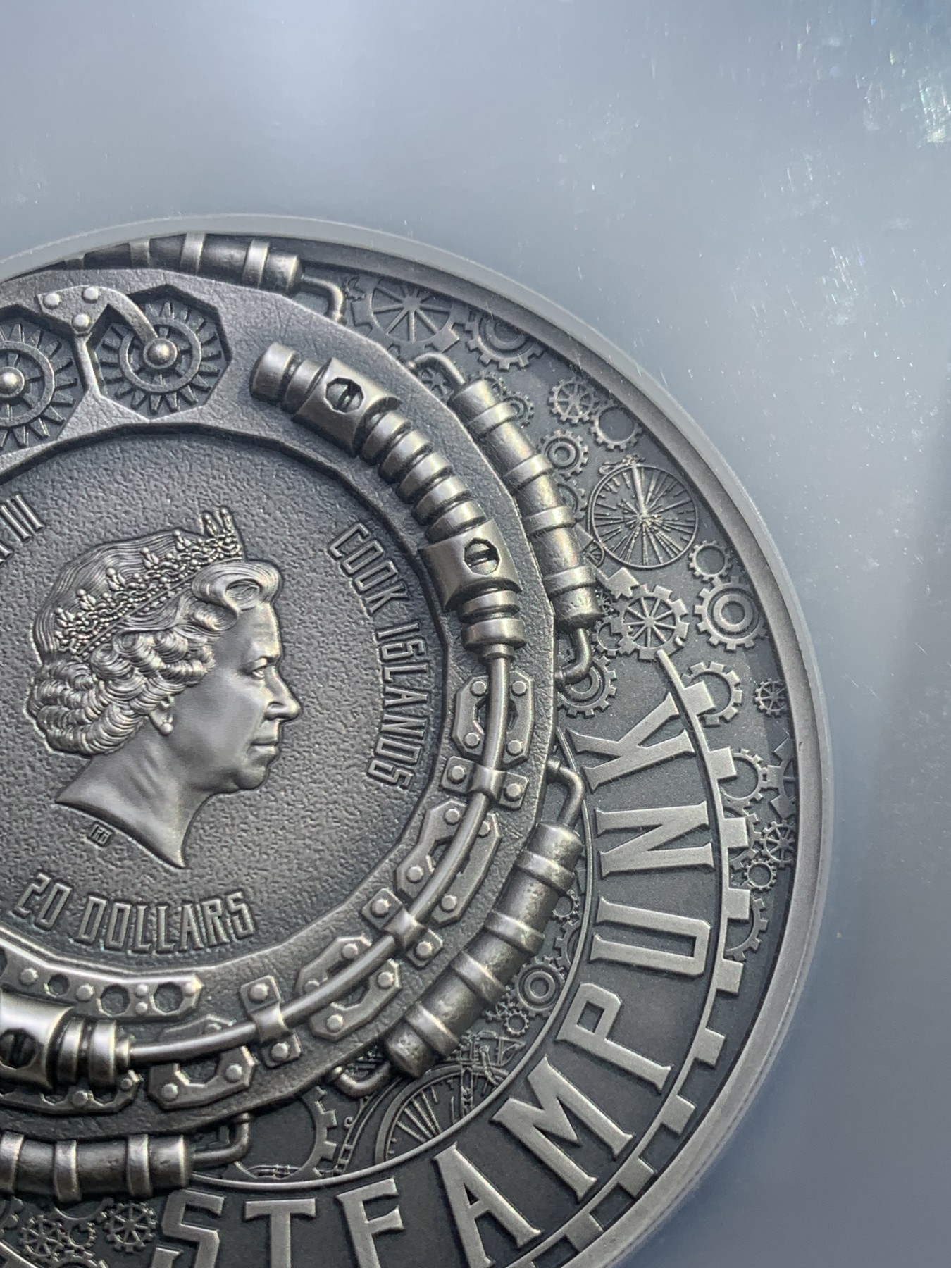 《竞宝斋》圣诞专辑  第二场  第228场 定制纪念章相赠 (全场顺丰包邮) NGC MS70 2022年库克蒸汽朋克系列-鹦鹉螺浮雕镀金仿古纪念银币 盒装  50mm 3盎司 999银 发行量888枚