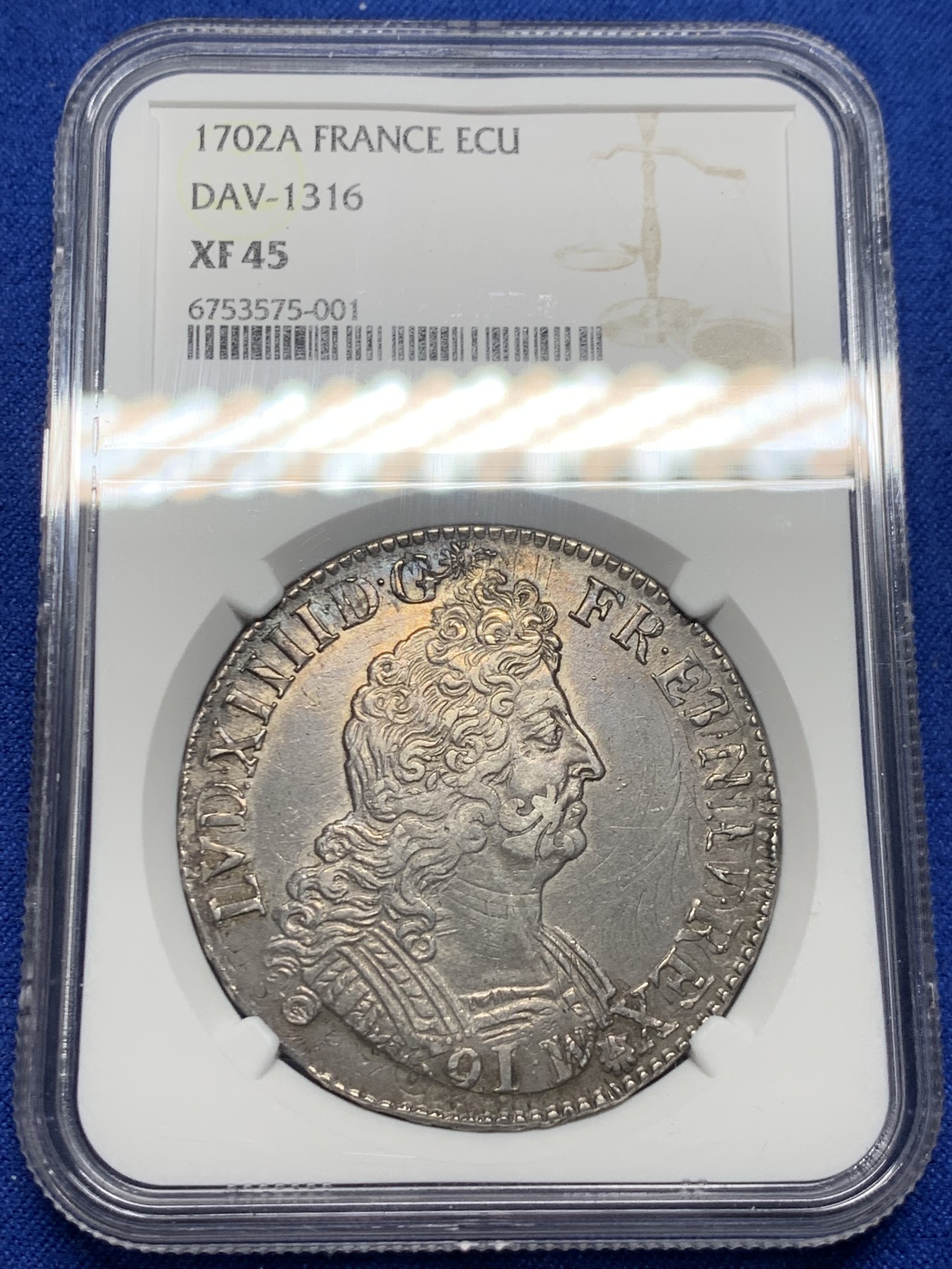 《竞宝斋》圣诞专辑  第二场  第228场 定制纪念章相赠 (全场顺丰包邮) NGC-XF45 1702年 法国 路易十四 1埃居 银币 老包浆，细节佳