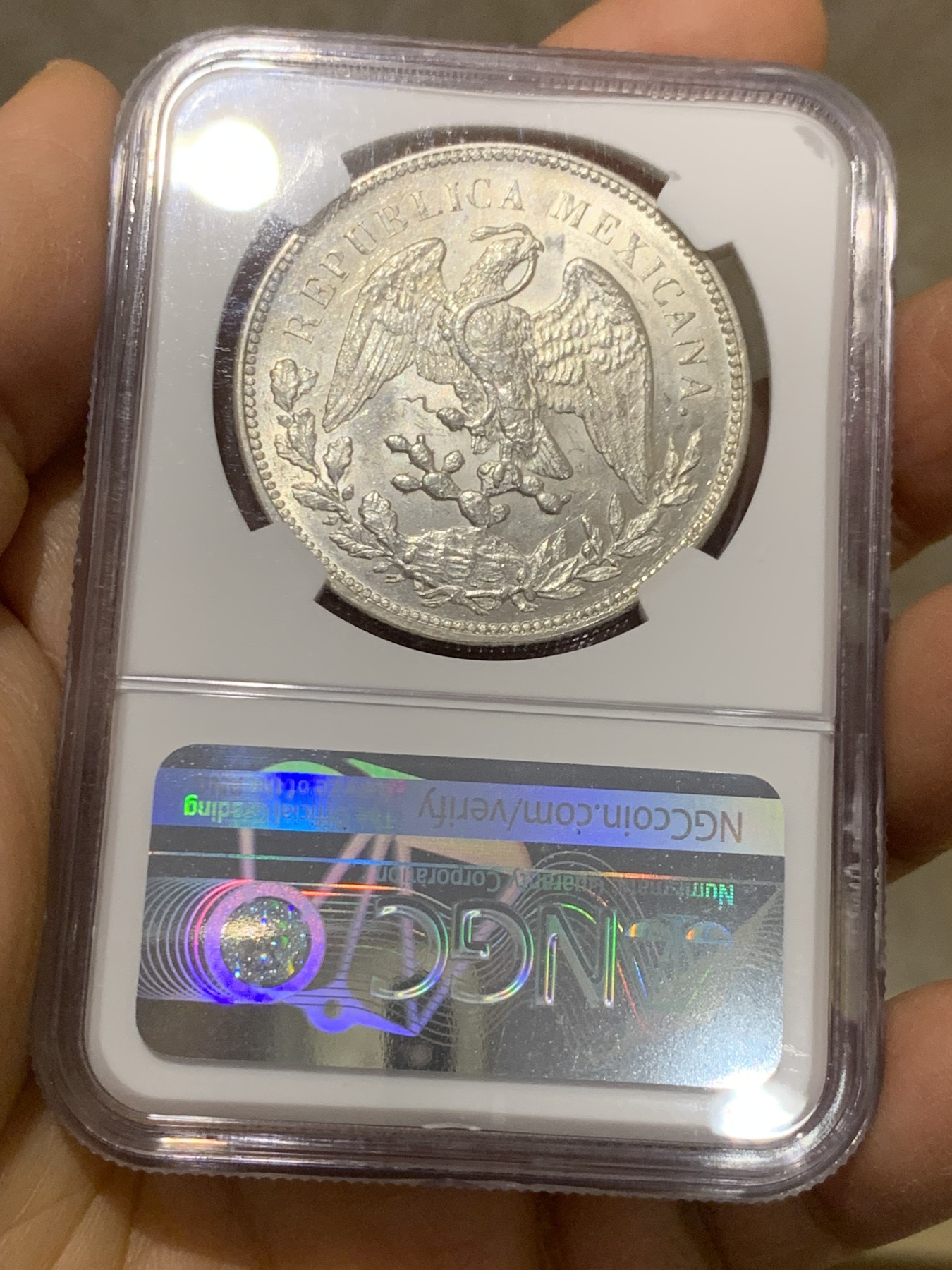 《竞宝斋》圣诞专辑  第二场  第228场 定制纪念章相赠 (全场顺丰包邮) NGC MS63 墨西哥1908年MoAM版直边鹰洋1比索银币 墨西哥本土ngc评级