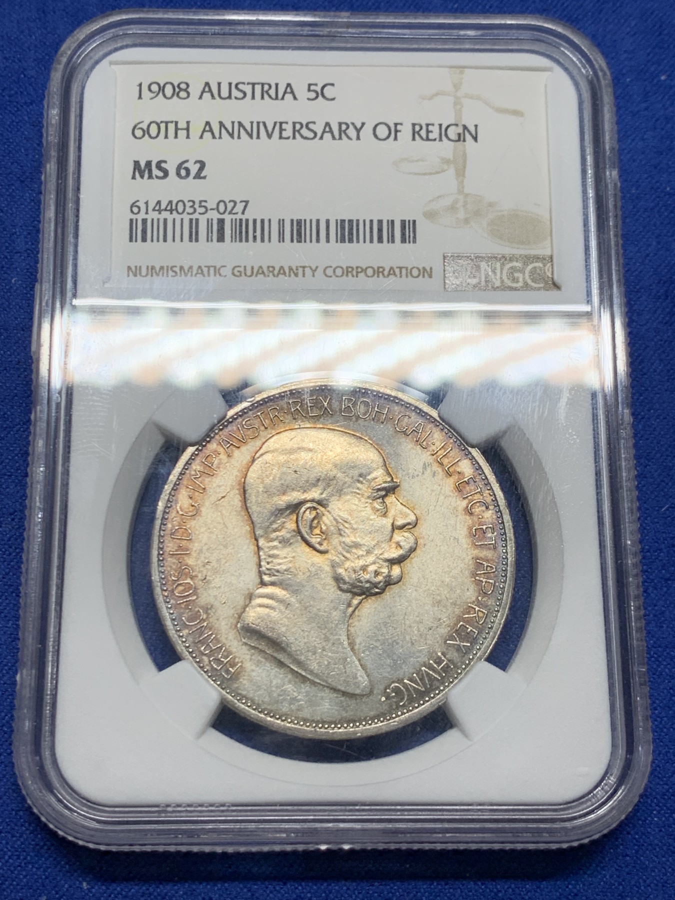 《竞宝斋》圣诞专辑  第二场  第228场 定制纪念章相赠 (全场顺丰包邮) NGC-MS62 奥匈帝国 1908年 弗朗茨一世登基60周年 奔跑的女人 5克朗 银币 黄油环彩 外拍上涨品种