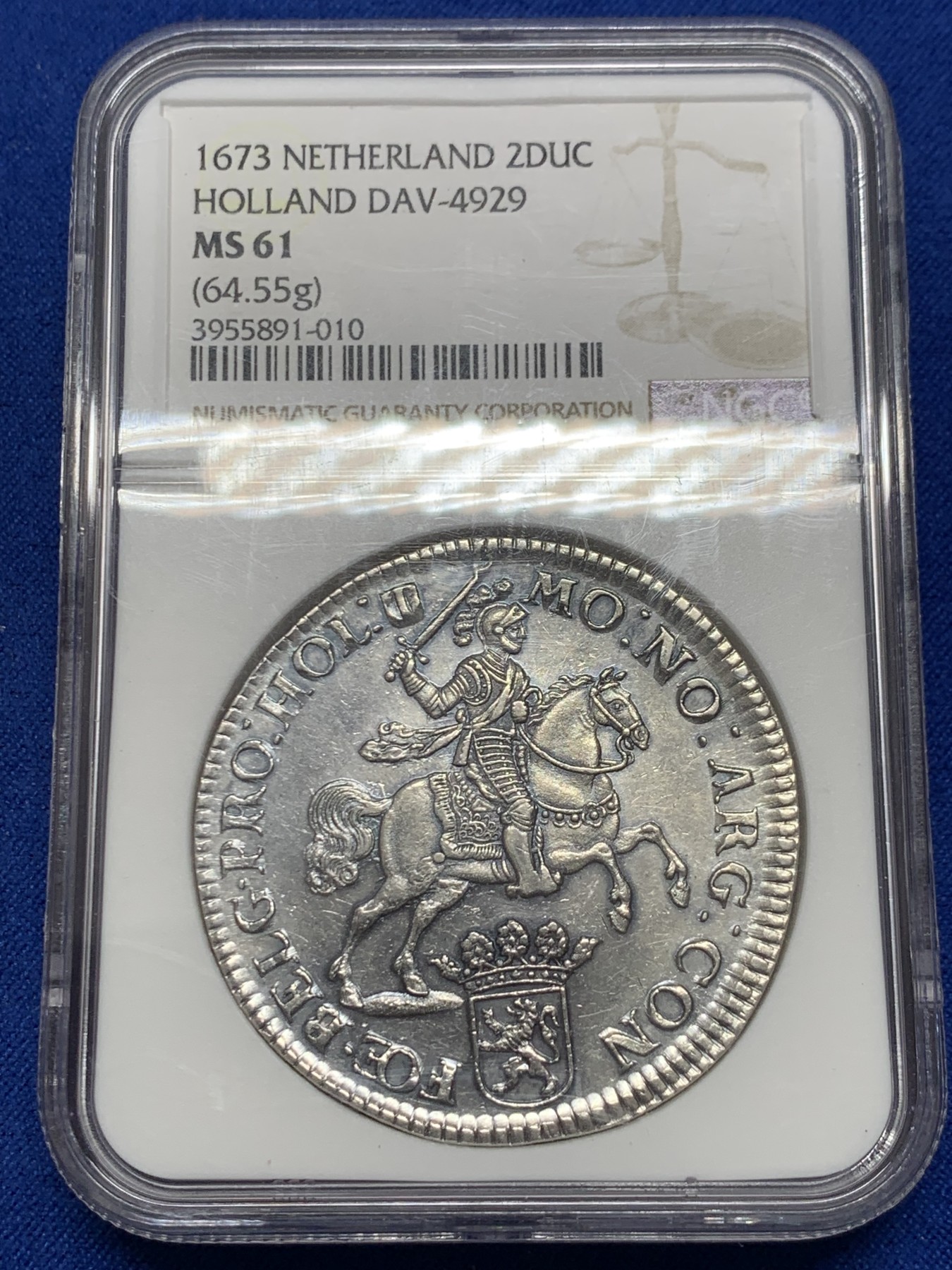 《竞宝斋》圣诞专辑  第二场  第228场 定制纪念章相赠 (全场顺丰包邮) 稀少亚军分！NGC MS61 荷兰 1673 荷兰省 2杜卡特 大马剑银币 64.55克 双倍的快乐 底板光度好 全深打 非常难的品种 上涨幅度惊人