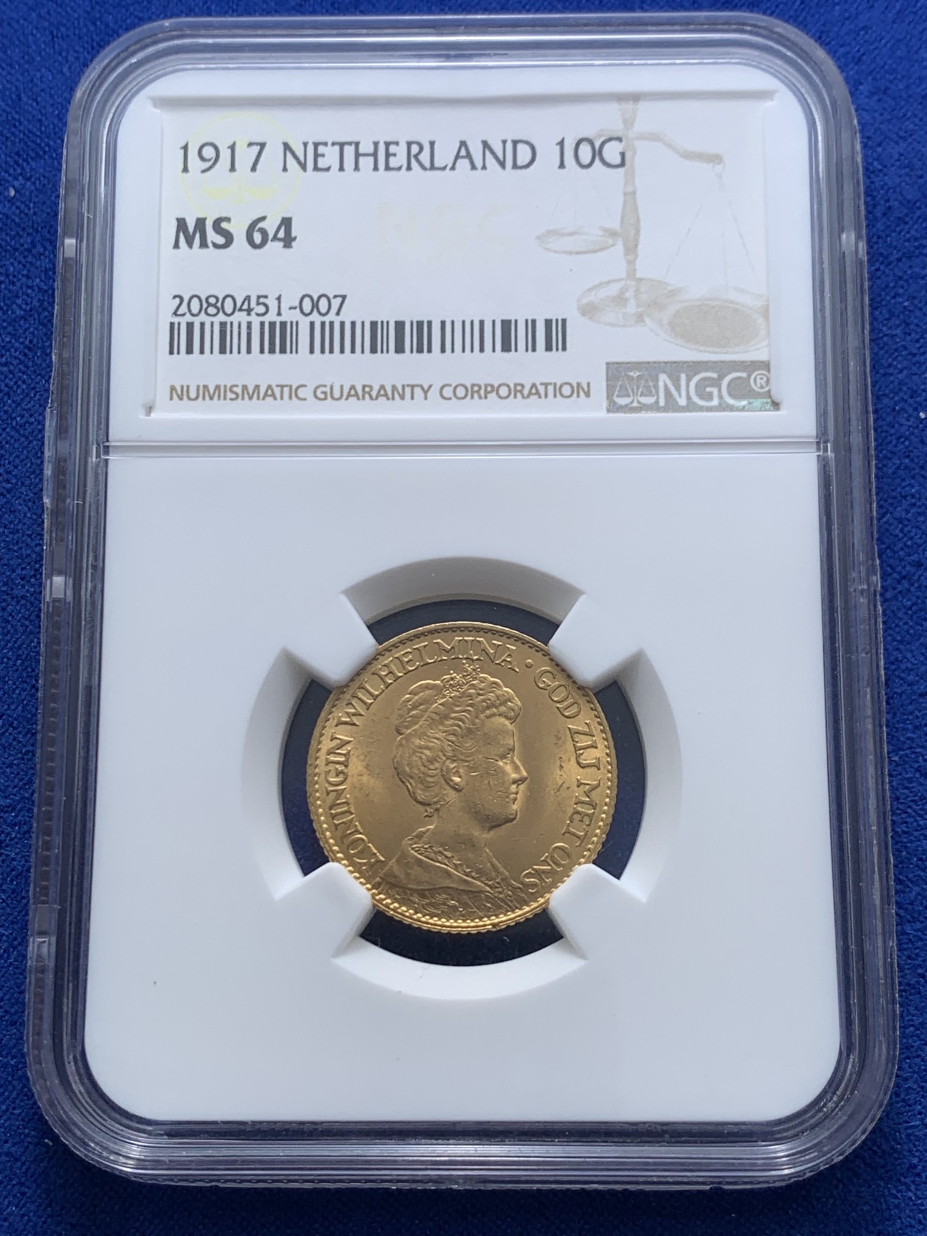 《竞宝斋》圣诞专辑  第二场  第228场 定制纪念章相赠 (全场顺丰包邮) NGC-MS64 1917荷兰威廉明娜10盾金币 少妇版车轮光金灿灿 热门好品潜力高