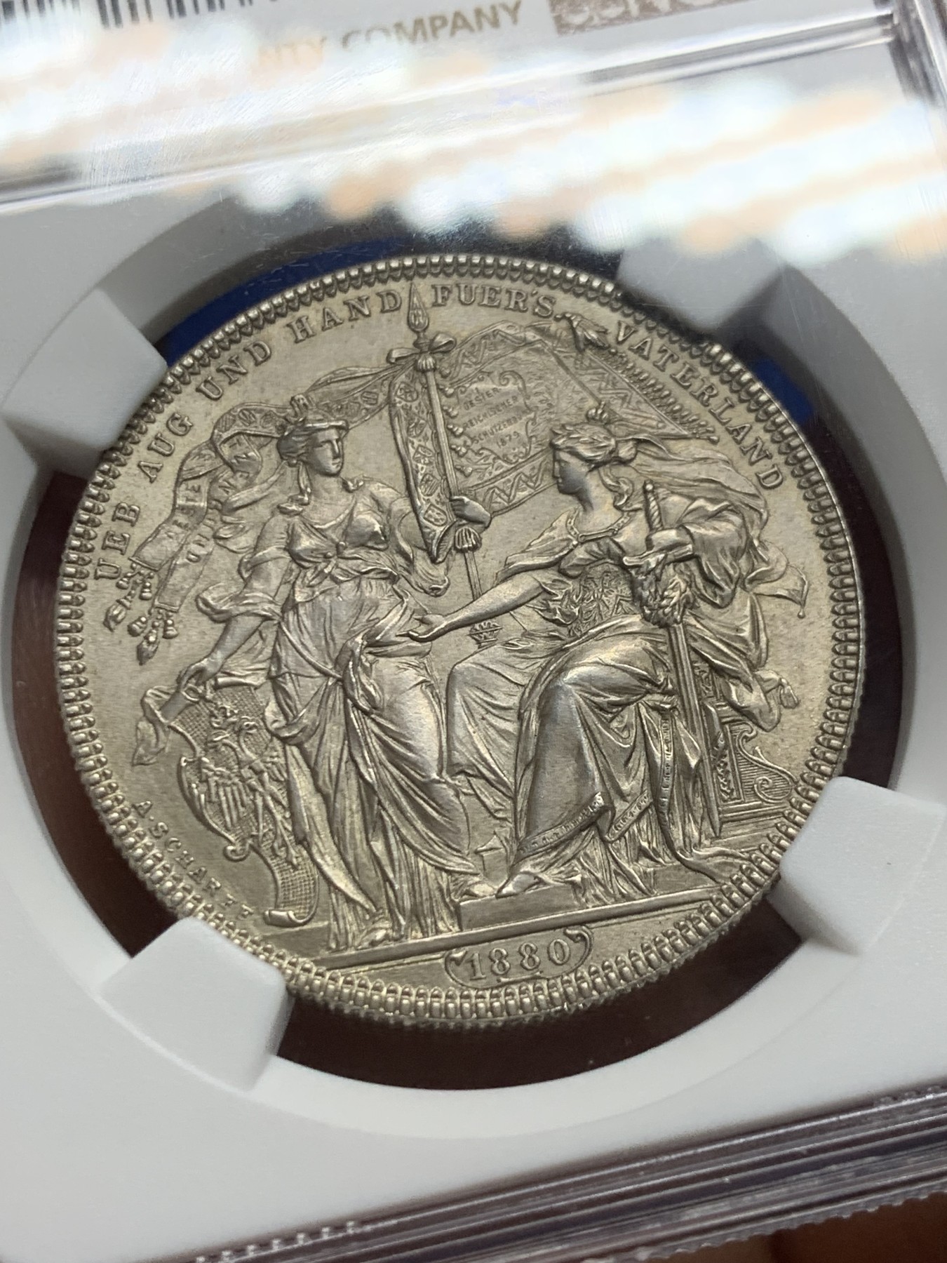 《竞宝斋》圣诞专辑  第二场  第228场 定制纪念章相赠 (全场顺丰包邮) NGC-MS65 奥地利 1880 射击节泰勒/2弗洛林 浮雕生动 构图精妙 安东 沙夫 经典设计 NGC亚军分 首拍品种