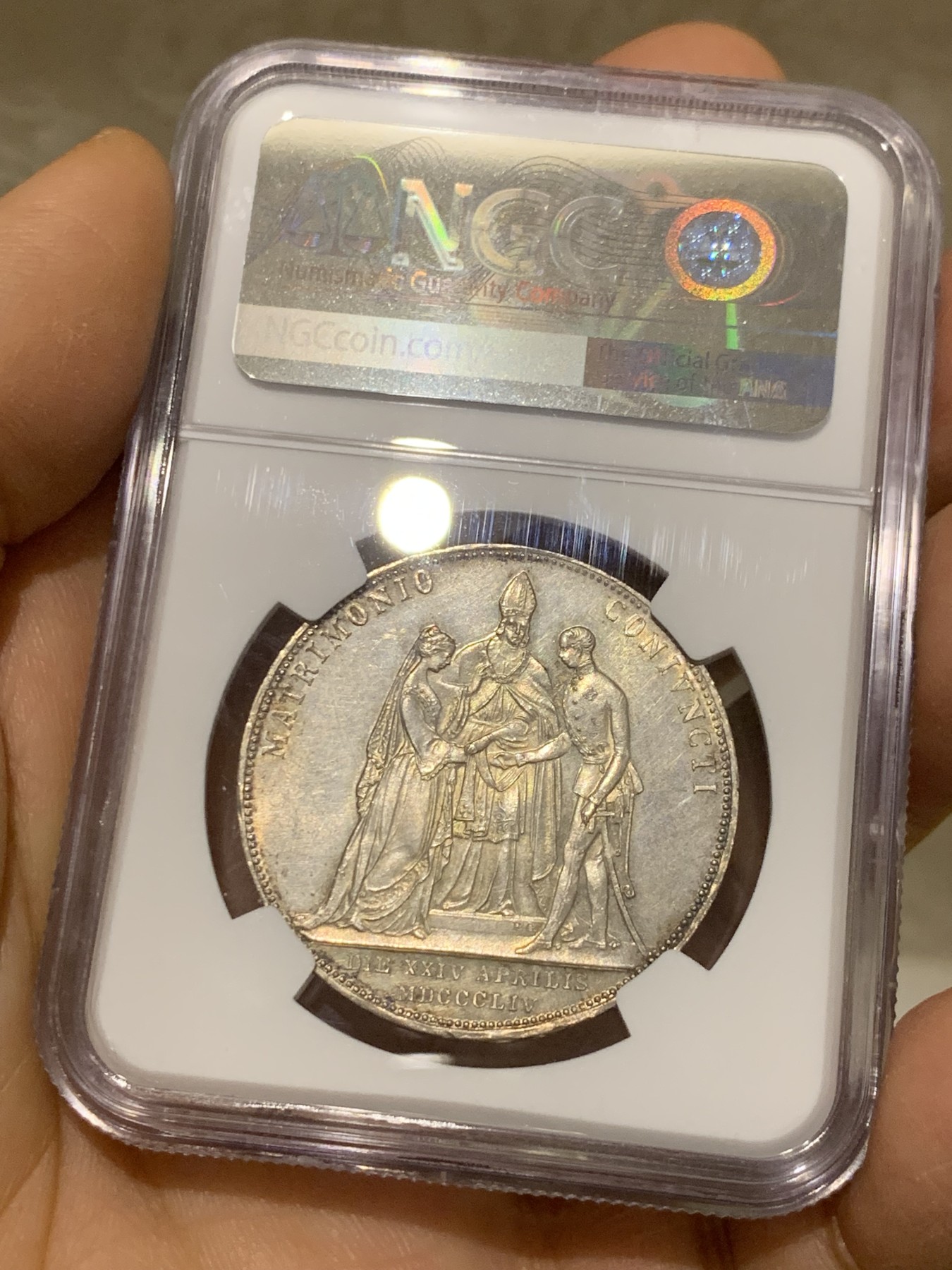 《竞宝斋》圣诞专辑  第二场  第228场 定制纪念章相赠 (全场顺丰包邮) NGC-MS62 奥匈帝国 1854年 2盾 茜茜公主大婚纪念银币 包浆纯粹 浮雕神圣深邃 年度收藏精选